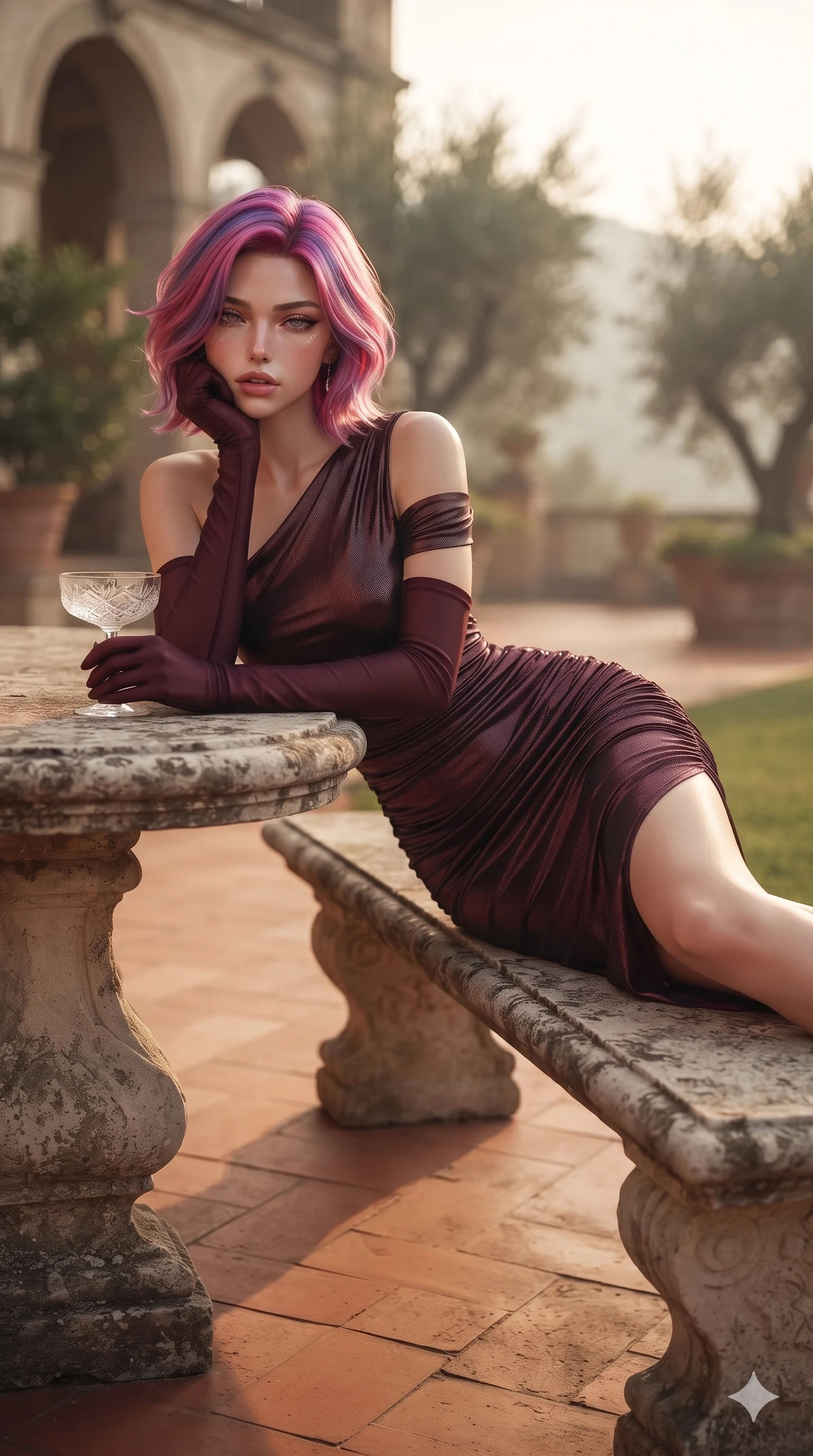 score_9, masterpiece, best quality, ultra-detailed, high-budget anime keyframe, editorial fashion photography, tasteful artistic composition, Caucasian woman. close-up cowboy shot from the waist and thighs up, the character dominates the composition, filling the frame with her large presence. resting one elbow on the table and supporting her chin, leaning close to the camera with heavy-lidded sparkling eyes and parted lips while reclining gracefully across the weathered stone bench with legs extended, her toned midriff and slender limbs radiating timeless Mediterranean glamour. The composition keeps background elements in soft focus with creamy bokeh: golden hour haze softened in private palazzo belvedere shallow focus. She has an exceptionally elegant, slender, and willowy female figure with an ultra-slim waist, flat toned midriff, narrow ribcage, and sculpted feminine hips creating an alluring, slim hourglass silhouette without bulk. sharp v-shaped jawline, high-bridge nose, intricate jewel-like eyes with depth, thick eyelashes, glossy parted lips with a natural sheen, intensely captivating and seductive bedroom-eyes expression, flawlessly proportioned anatomical accuracy, strict slender model proportions, natural body alignment, perfectly sculpted long slender limbs, ultra-slim waistline, clean dynamic posture without body distortion. wearing a form-contouring cocktail dress with an asymmetrical open shoulder and hip-defining ruching in deep wine burgundy and brushed dark platinum, crafted from stretch micro-mesh with liquid foil coating that shimmers with every movement, accessorized with opera-length satin gloves and a vintage crystal glass, the impeccably tailored cut draping gracefully along her slender figure with aristocratic poise. warm ambient bounce from terracotta tiles defining her long leg lines and perfectly proportioned willowy build. ultra-reflective glossy finish, specular highlights, rich textural contrasts, high-contrast stereoscopic depth, volumetric dynamic lighting, 2k, ultra detail, master piece, 9:16 ratio