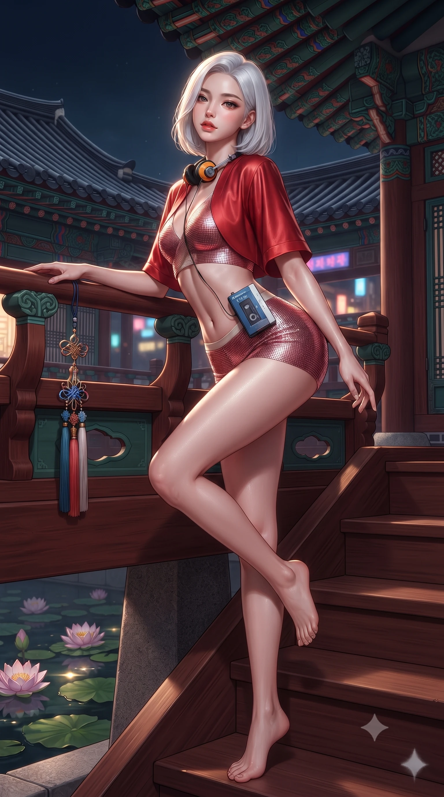 score_9, masterpiece, best quality, ultra-detailed, high-budget anime keyframe, editorial fashion photography, tasteful artistic composition, Korean woman. low angle full-body shot from head to toe showing her feet, filling the entire 9:16 vertical frame with her statuesque presence, stretching her vertical silhouette. leaning deep against the balcony balustrade with hips cocked back in an unapologetically alluring high-fashion stance, casting an intoxicating glance while sitting perched on the lacquered veranda steps with legs crossed, arching her lower back with breathtaking siren grace as lotus blossoms drift below. The surrounding environment is rendered in vivid detail and crisp panoramic clarity: detailed embroidered silk norigae weave, moonlight glints on skin, and historic royal pavilion architecture in razor-sharp precision. She has an absolutely perfect, statuesque 8.5-heads proportion, an exceptionally tall and slender model-like female figure with impossibly long slender legs, an ultra-slim waist, a flat toned midriff, narrow delicate ribcage, and beautifully sculpted feminine hips creating a graceful, slim hourglass silhouette without any bulky heaviness. sharp v-shaped jawline, high-bridge nose, sparkling eyes with hypnotic seductive depth, thick curled eyelashes, glossy parted lips with a natural dewy peach sheen, alluring bedroom-eyes with an enchanting coquettish smile, exuding magnetic siren charisma and sophisticated glamour, flawlessly proportioned anatomical accuracy, strict slender model proportions, natural body alignment, perfectly sculpted long slender limbs, ultra-slim waistline, clean dynamic posture without body distortion. wearing a modern two-piece royal silk loungewear set featuring an open-front short bolero and form-fitting silk hot-pants in royal vermilion crimson and pale ivory silk, crafted from shimmering fluid chainmail mesh reflecting ambient neon lights, complemented by a retro cassette walkman with vintage foam-padded orange headphones, the form-contouring silhouette accentuating her sculpted flat midriff, narrow delicate ribcage, and gracefully curvy hips with intoxicating allure. illuminated by pond surface moonbeam bounce and sharp platinum rim lights sculpting her razor-sharp jawline, narrow waist, and curvy hips. ultra-reflective glossy finish, specular highlights, rich textural contrasts, high-contrast stereoscopic depth, volumetric dynamic lighting, 2k, ultra detail, master piece, 9:16 ratio