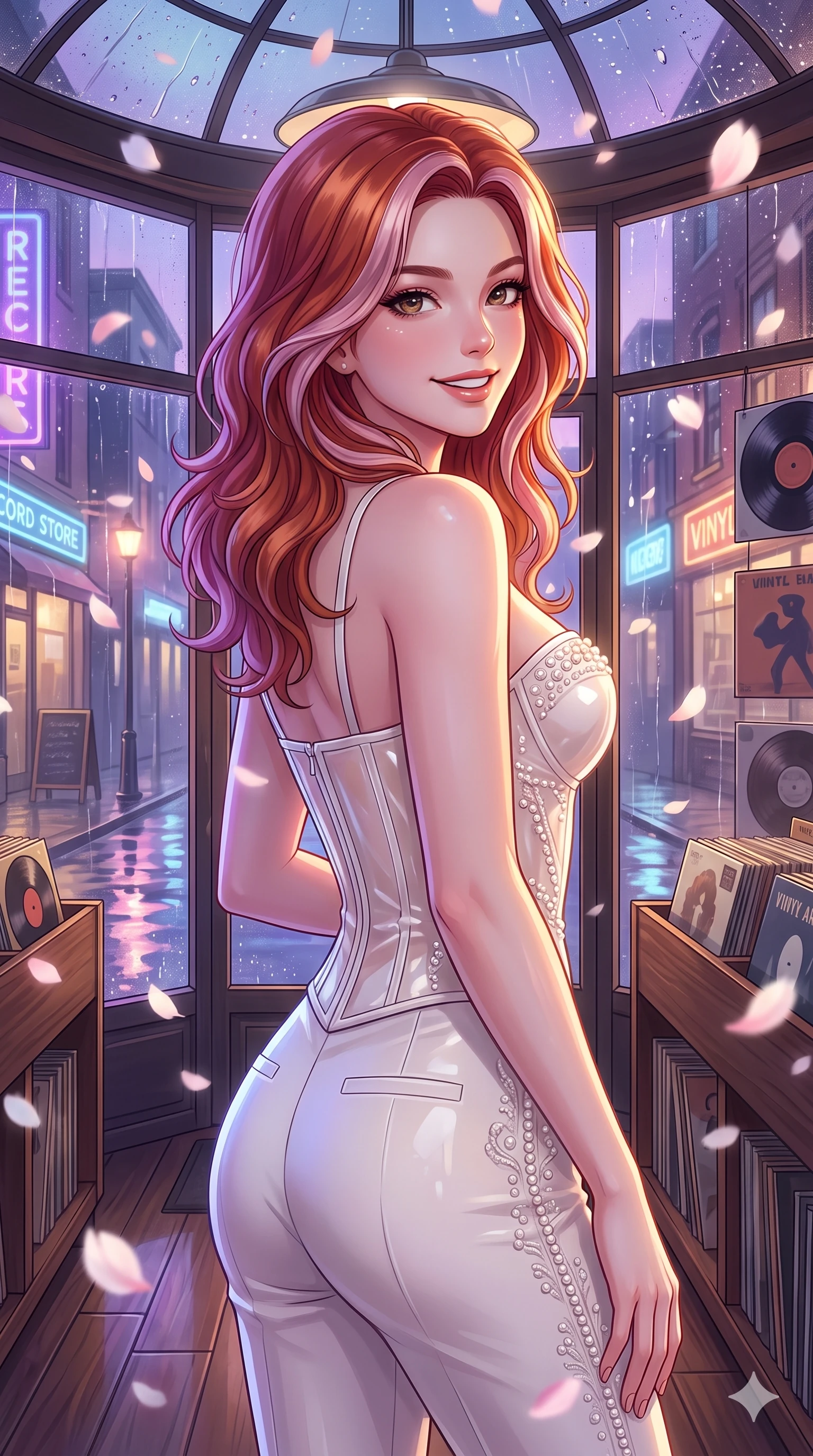 score_9, masterpiece, best quality, ultra-detailed, high-budget anime keyframe, vibrant anime aesthetic, Caucasian woman, strictly human ears. close-up cowboy shot from the waist and thighs up, the character dominates the composition, filling the frame with her large presence, background elements kept in soft focus. She is looking over her shoulder, smiling cheerfully at the viewer, with a bright, joyful gaze surrounded by delicate flower petals. the background shows a soft-focus window of a cozy vintage record store, looking at the street through rain-streaked window panes (Code-P22-183). She has an absolutely perfect proportion, an exceptionally elegant and slender female figure with an ultra-slim waist. V-shaped jawline, high-bridge nose, intricate jewel-like eyes with depth, thick eyelashes, glossy lips with a natural sheen. wearing a translucent gloss-finish structured bodice with a sweetheart neckline and sleek pants in ivory white and pearls. She is lit by bright neon light reflections in water puddles, creating a glowing twilight aura, casting soft shadows that enhance her features under the glass dome roof. 2k, ultra detail, master piece, 9:16 ratio