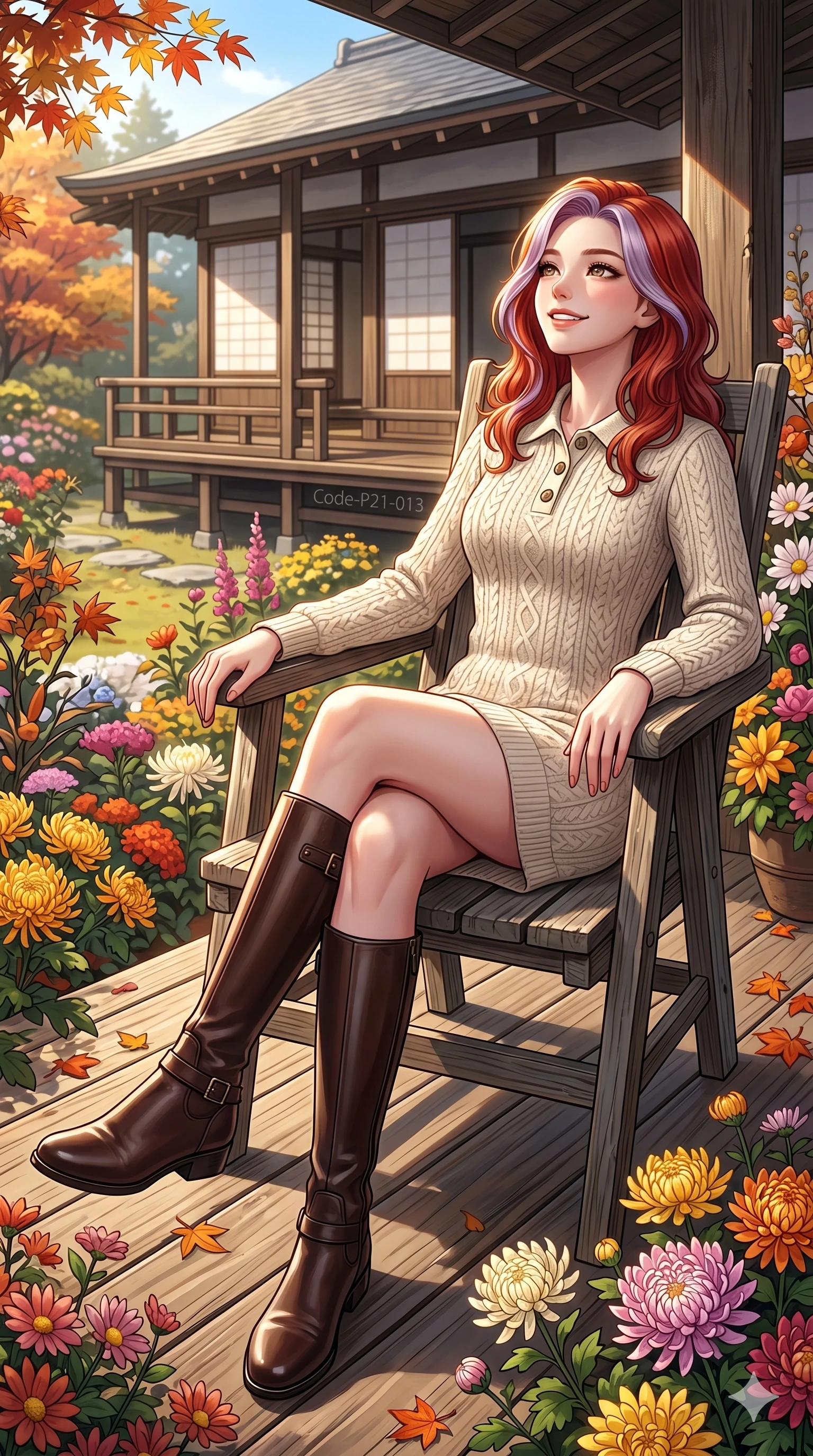 score_9, masterpiece, best quality, ultra-detailed, high-budget anime keyframe, vibrant anime aesthetic, Caucasian woman, strictly human ears. low angle full-body shot from head to toe showing her feet, filling the entire 9:16 vertical frame with her statuesque presence, stretching her vertical silhouette. She is leaning back on a lodge chair with a delightful smile, looking up happily by a traditional tea house deck during an autumn flower exhibition in the sun (Code-P21-013). She has an absolutely perfect 8-heads proportion, an exceptionally tall and slender female figure with impossibly long slender legs and an ultra-slim waist. V-shaped jawline, high-bridge nose, intricate jewel-like eyes with depth, thick eyelashes, glossy lips with a natural sheen. wearing a winter knit dress with a buttoned collar and leather boots. She is bathed in brilliant, high-contrast winter sunlight with a single golden line tracing her profile. 2k, ultra detail, master piece, 9:16 ratio