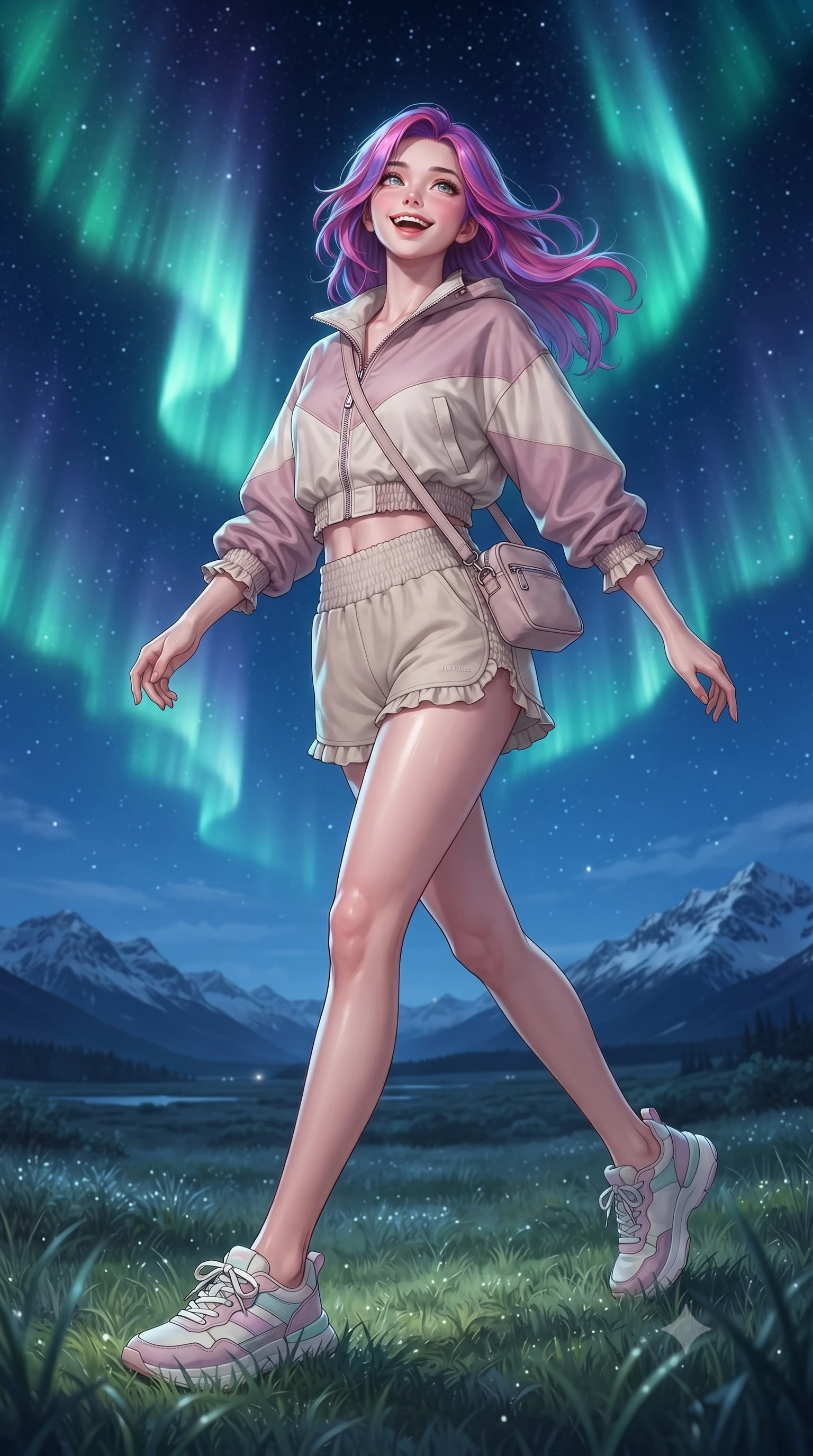 score_9, masterpiece, best quality, ultra-detailed, high-budget anime keyframe, editorial fashion photography, tasteful artistic composition, Caucasian woman. low angle full-body shot from head to toe showing her feet, filling the entire 9:16 vertical frame with her statuesque presence, stretching her vertical silhouette. stepping forward gracefully in mid-motion with a delighted cute laugh, displaying her tall slender model proportions while lying on the soft grass looking up at dancing emerald aurora borealis waves with a dreamy, affectionate smile. The surrounding environment is rendered in vivid detail and crisp panoramic clarity. transcendent nocturnal chiaroscuro and vast cosmic wilderness beauty captured with celestial sharpness. She has an absolutely perfect, statuesque 8.5-heads proportion, an exceptionally tall and slender model-like female figure with impossibly long slender legs, a toned flat midriff, and an ultra-slim waist. sharp v-shaped jawline, high-bridge nose, intricate jewel-like eyes with depth, thick eyelashes, glossy lips with a natural sheen, pure and lovely fresh girlhood expression, flawlessly proportioned anatomical accuracy, strict slender model proportions, natural body alignment, perfectly sculpted long slender limbs, ultra-slim waistline, clean dynamic posture without body distortion. wearing a cute sporty pastel windbreaker paired with high-waisted active shorts and a canvas crossbody bag in soft dusty rose and oatmeal beige, tailored from crisp organic cotton poplin, accented with soft smocked elastic details and ruffled cuff trims, the chic real-way fashion cut emphasizing her effortless charm, flat midriff, and slender model proportions. surrounded by a magical, romantic, and breathtakingly wondrous starlit maiden aura. ultra-reflective glossy finish, specular highlights, rich natural textures, high-contrast stereoscopic depth, volumetric dynamic lighting, 2k, ultra detail, master piece, 9:16 ratio