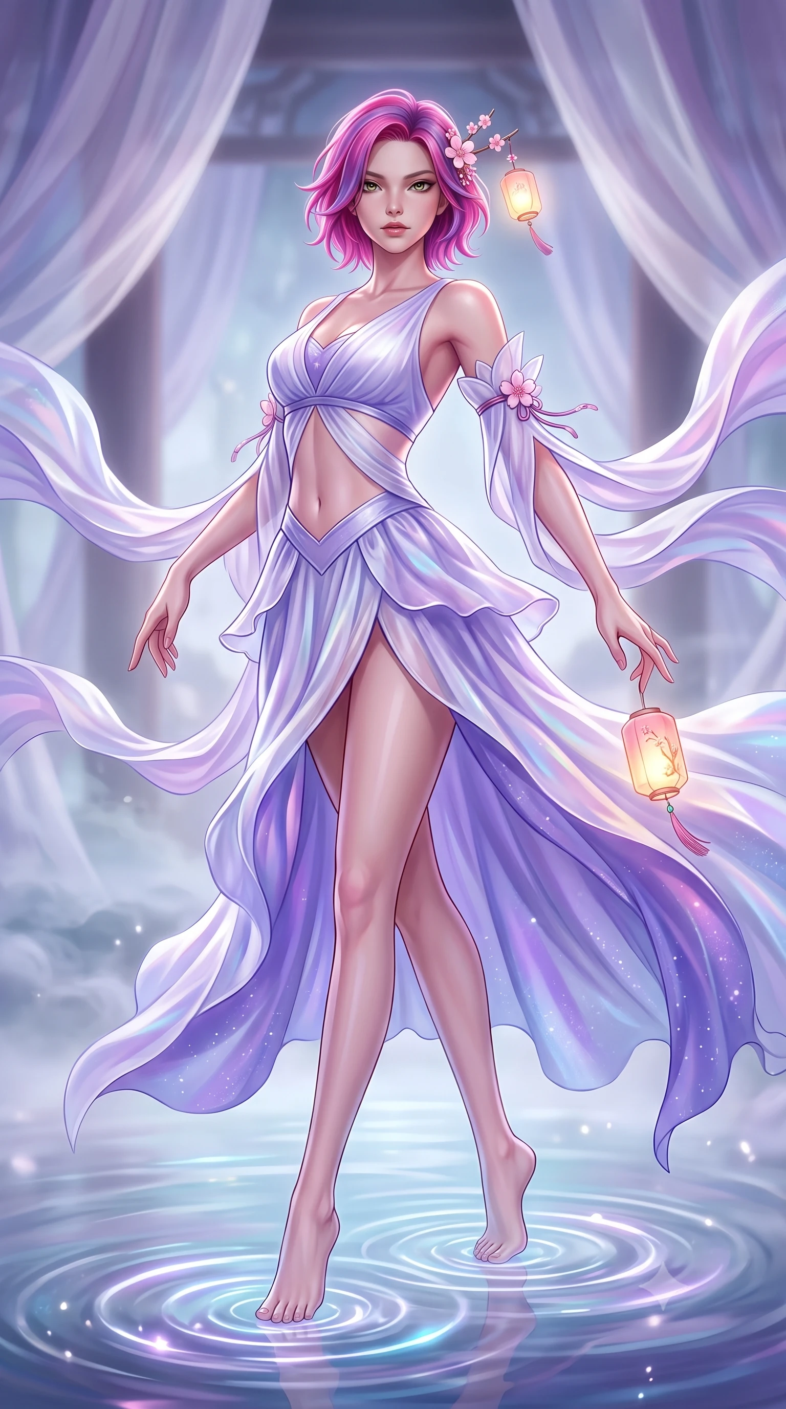 score_9, masterpiece, best quality, ultra-detailed, high-budget anime keyframe, semi-realistic 3D game render, editorial fashion photography, tasteful artistic composition, Caucasian woman. low angle full-body shot from head to toe showing her feet, filling the entire 9:16 vertical frame with her statuesque presence, stretching her vertical silhouette. pivoting dynamically with supreme athletic balance and poise, her impossibly long slender legs creating a breathtaking line while dipping her fingertips playfully into the crystal pond, sending luminescent ripple rings spreading through the water. The composition keeps background elements in soft focus with creamy bokeh. billowing silk pavilion drapes and water mist layers softened in dreamy atmospheric depth of field. She has an absolutely perfect, statuesque 8.5-heads proportion, an exceptionally tall and slender model-like female figure with impossibly long slender legs, a toned flat midriff, and an ultra-slim waist. sharp v-shaped jawline, high-bridge nose, intricate jewel-like eyes with depth, thick eyelashes, glossy lips with a natural sheen, captivating and magnetic expression, flawlessly proportioned anatomical accuracy, strict slender model proportions, natural body alignment, perfectly sculpted long slender limbs, ultra-slim waistline, clean dynamic posture without body distortion. wearing a celestial lotus-inspired layered chiffon gown with an exposed clavicle bodice in celestial opal white and stardust violet, crafted from weightless prism organza that refracts light with every motion, accessorized with delicate cherry blossom hairpins and glowing paper lantern charms, the form-contouring material adhering flawlessly to her sculpted flat midriff and slender torso, emphasizing her long leg lines and perfectly proportioned willowy build. surrounded by an otherworldly, sacred, and breathtakingly pure moon goddess aura. highly saturated vibrant anime colors, detailed shading with soft gradients, rich glossy textures, high-contrast stereoscopic depth, volumetric dynamic lighting, master piece, 9:16 ratio