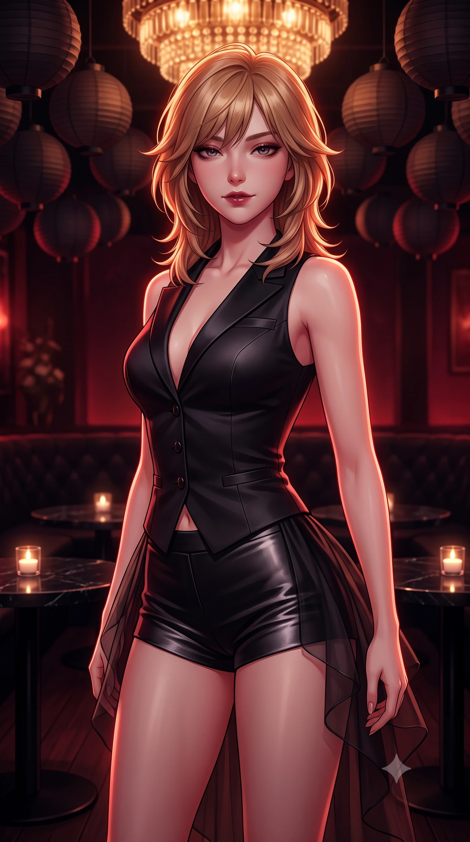 score_9, masterpiece, best quality, ultra-detailed, high-budget anime keyframe, semi-realistic 3D game render, editorial fashion photography, tasteful artistic composition, Korean woman. close-up cowboy shot from the waist and thighs up, the character dominates the composition, filling the frame with her large presence. turning slowly with a smoldering smile, her glossy dark hair catching the amber chandelier rim light as her hips angle gracefully in a captivating contrapposto while twisting her slender torso in an alluring contrapposto stance beneath a canopy of dark paper lanterns, her fitted outfit accentuating her hips and waist. The composition keeps background elements in soft focus with dreamy creamy bokeh. flickering tea-light candles on black marble tables softened in moody lounge shallow focus. She has an exceptionally elegant, slender, and willowy female figure with an ultra-slim waist, flat toned midriff, narrow ribcage, and sculpted feminine hips creating an alluring, slim hourglass silhouette without bulk. sharp v-shaped jawline, high-bridge nose, intricate jewel-like dark sparkling eyes with dangerous depth, thick curled eyelashes, glossy parted lips with a rich wine sheen, smoldering seductive half-smile with bedroom-eyes, exuding effortless superiority and intoxicating dark allure, flawlessly proportioned anatomical accuracy, strict slender model proportions, natural body alignment, perfectly sculpted long slender limbs, ultra-slim waistline, clean dynamic posture without body distortion. wearing a tailored satin tuxedo vest worn closed against bare skin with high-cut tailored satin hot-pants in pure obsidian monochrome with subtle metallic sheen, crafted from layered gossamer black organza with weightless, smoky flutter, finished with sharp tailored peak lapels and subtle horn button accents, the form-fitting cut adhering flawlessly to her sculpted flat midriff and slender torso, emphasizing her long leg lines and perfectly proportioned willowy build. bathed in intense crimson and deep amber low-key accent lighting. highly saturated vibrant anime colors, detailed shading with soft gradients, rich glossy textures, high-contrast stereoscopic depth, volumetric dynamic lighting, master piece, 9:16 ratio