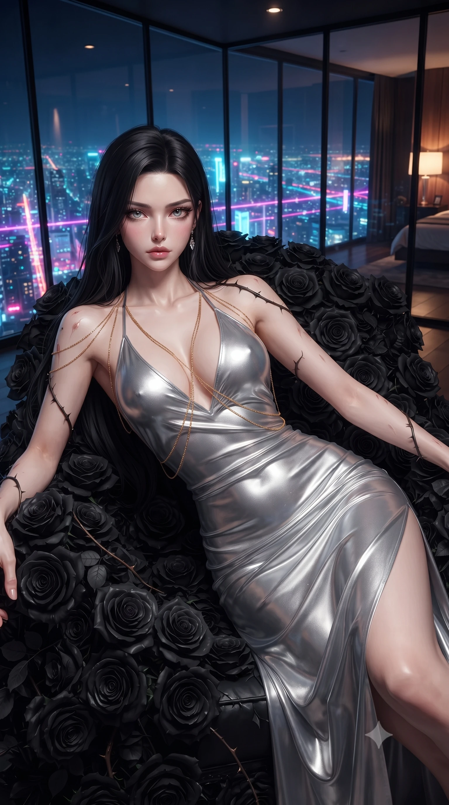 score_9, masterpiece, best quality, ultra-detailed, High-budget Anime Keyframe, editorial fashion photography, tasteful artistic composition, realistic cosplay photography, East Asian woman. Low angle cowboy shot filling the entire 9:16 frame with her statuesque presence. Scenario 478: resting on a throne of black roses, thorns grazing her skin, in a luxury penthouse with floor-to-ceiling glass walls overlooking a neon grid. Her presence is magnetic and overpowering in this high-budget cinematic scene. Outfit 478: a body-hugging liquid silver shimmering chiffon slip dress featuring an elegant plunging collar and fine gold chains. The clothing is designed to emphasize her exceptionally tall and slender 8-heads proportion. 8-heads proportion, towering silhouette, ultra-slim waist. sharp v-shaped jawline, intricate jewel-like eyes with depth, thick eyelashes, glossy lips. ultra-reflective glossy finish, specular highlights, metallic sheen, high-contrast stereoscopic depth, volumetric dynamic lighting, 2k, ultra detail, master piece, 9:16 ratio