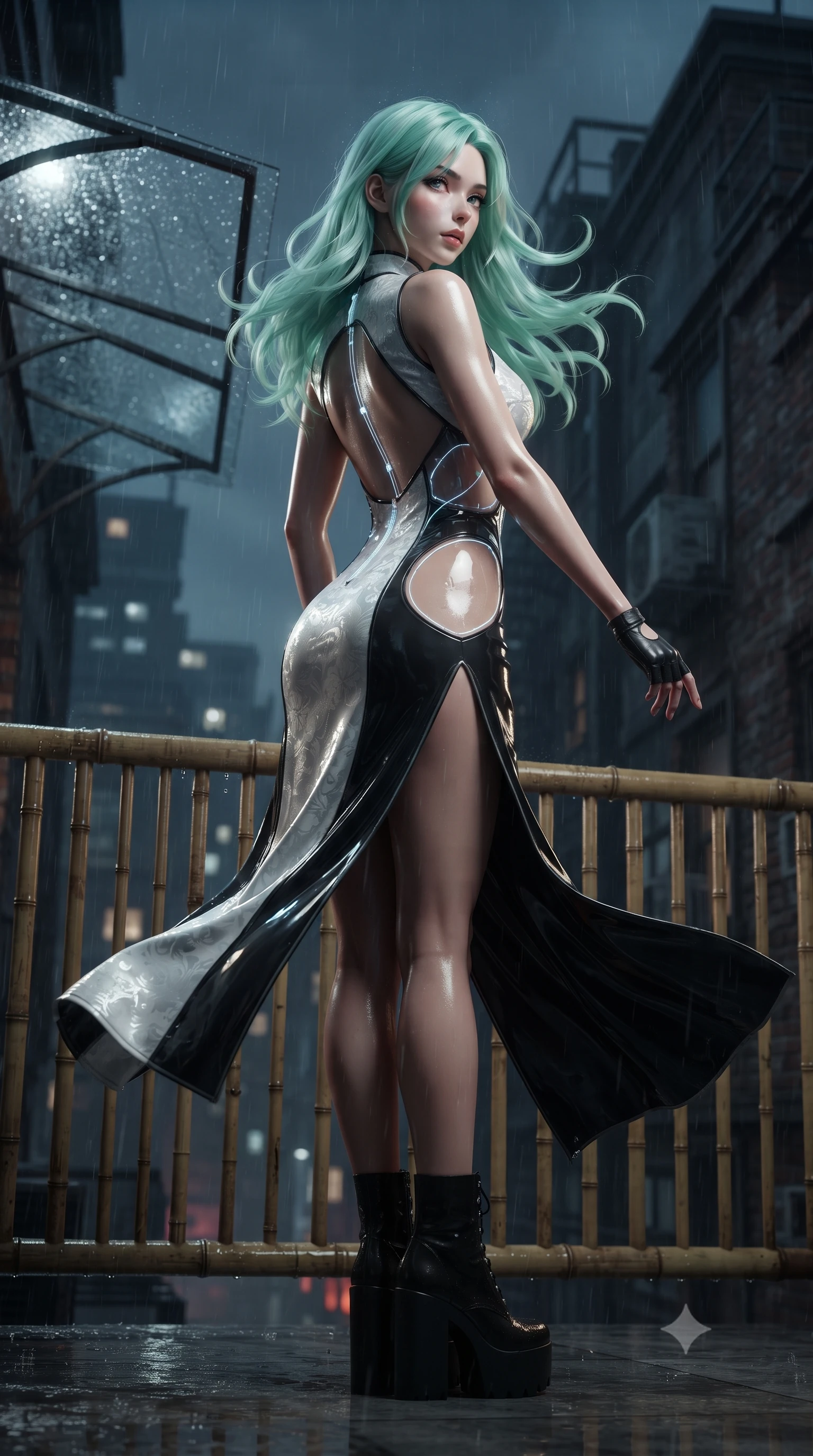score_9, masterpiece, best quality, ultra-detailed, high-budget anime keyframe, editorial fashion photography, tasteful artistic composition, Japanese woman. low angle full-body shot from head to toe showing her feet, filling the entire 9:16 vertical frame with her statuesque presence, stretching her vertical silhouette. executing an elegant mid-motion pivot turn as garments swirl around her slender limbs, glancing over her shoulder with an intoxicating bedroom-gaze while leaning deep against a rain-slicked rooftop bamboo railing with hips cocked back, looking over her shoulder as neon reflections wash over her curvy silhouette. The composition keeps background elements in soft focus with creamy bokeh. rain-streaked glass awnings and weathered brick penthouse facades softened in moody cinematic focus. She has an absolutely perfect, statuesque 8.5-heads proportion, an exceptionally tall and slender model-like female figure with impossibly long slender legs, a toned flat midriff, an ultra-slim waist, and beautifully sculpted feminine hips. sharp v-shaped jawline, high-bridge nose, intricate jewel-like eyes with depth, thick eyelashes, glossy parted lips with a natural sheen, intensely captivating and seductive bedroom-eyes expression, flawlessly proportioned anatomical accuracy, strict slender model proportions, natural body alignment, perfectly sculpted long slender limbs, ultra-slim waistline, clean dynamic posture without body distortion. wearing a backless silk jacquard mandarin-collar gown with dramatic side-torso cutouts and trailing skirt in high-contrast monochrome white and glossy black, made of semi-translucent cybernetic vinyl with glowing micro-filaments, accessorized with bold platform boots and fingerless leather gloves, the precision-cut side openings and low-back scoop framing her graceful spine and the sensual sweep of her hips. surrounded by an enigmatic, sultry, and breathtakingly hypnotic cyber-femme fatale aura. ultra-reflective glossy finish, specular highlights, rich textural contrasts, high-contrast stereoscopic depth, volumetric dynamic lighting, 2k, ultra detail, master piece, 9:16 ratio