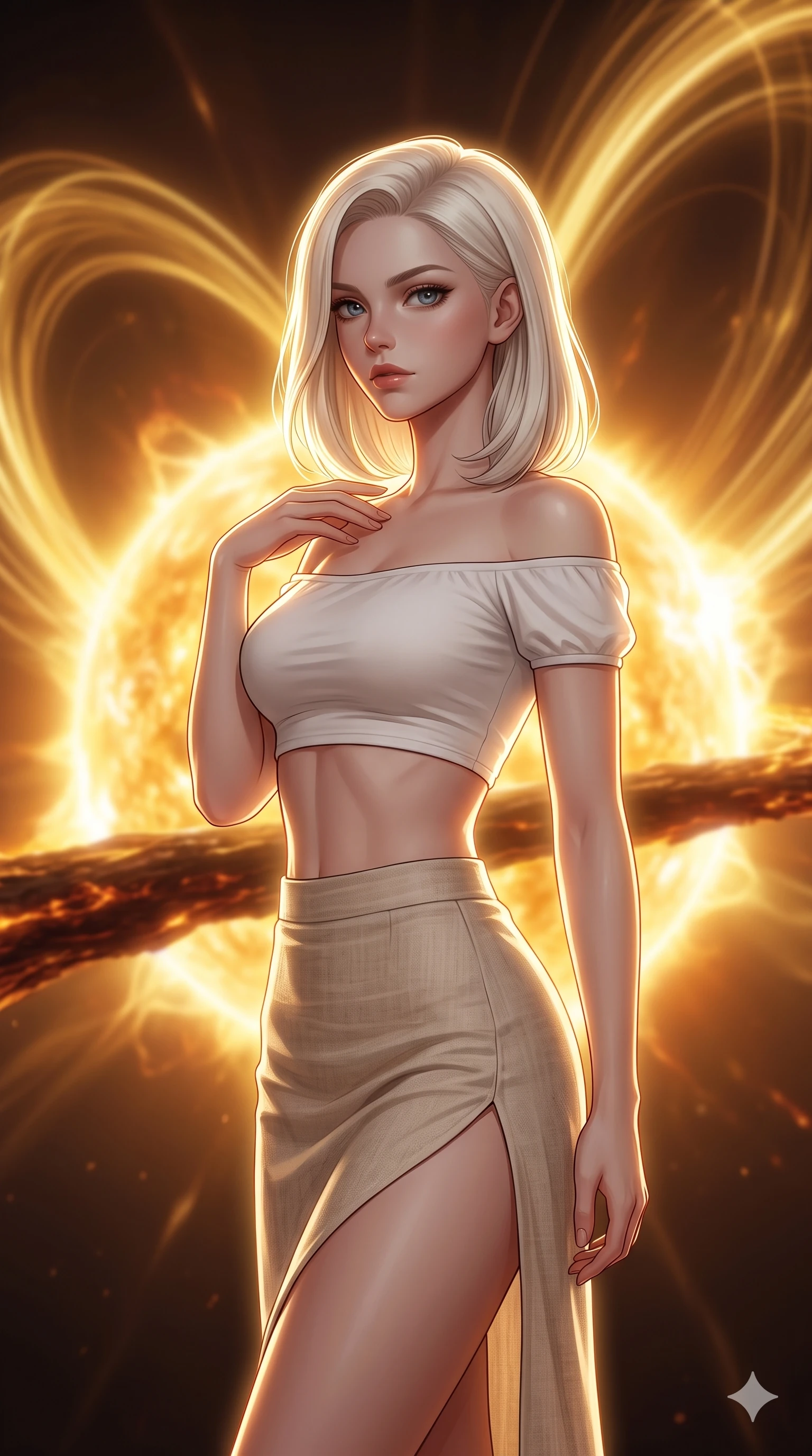 score_9, masterpiece, best quality, ultra-detailed, high-budget anime keyframe, editorial fashion photography, tasteful artistic composition, Caucasian woman, strictly human ears. close-up cowboy shot from the waist and thighs up, the character dominates the composition, filling the frame with her large presence, background elements kept in soft focus. Gazing past the camera with an air of effortless superiority. set against a soft-focus background of a bridge made of solidified solar plasma stretching across the blazing corona of the sun with heat shimmer distorting the view and enormous magnetic field lines arcing overhead like golden ribbons. She has an exceptionally elegant and slender, willowy female figure with an ultra-slim waist, a gracefully sculpted slender torso, and a refined slim physique. sharp v-shaped jawline, high-bridge nose, intricate jewel-like eyes with depth, thick eyelashes, glossy lips with a natural sheen. wearing a white off-shoulder crop top paired with a high-waisted beige linen skirt featuring a high side slit. dramatic backlight creating a radiant halo effect around her entire silhouette. 2k, ultra detail, master piece, 9:16 ratio