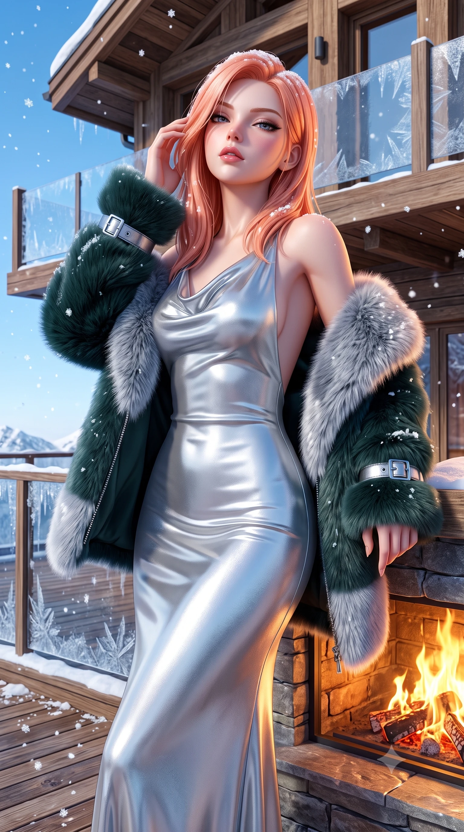 score_9, masterpiece, best quality, ultra-detailed, high-budget anime keyframe, semi-realistic 3D game render, editorial fashion photography, tasteful artistic composition, Japanese woman. close-up cowboy shot from the waist and thighs up, the character dominates the composition, filling the frame with her large presence. tilting her chin up with proud, sovereign allure while gazing through thick eyelashes with an irresistible, dangerous bedroom-gaze while leaning back against the heated stone fireplace mantel on the chalet deck, pushing snow-dusted hair back with a sultry smile. The surrounding environment is rendered in vivid detail and crisp panoramic clarity. sharp ice crystal textures on glass balustrades, timber wood grain, and falling snowflake geometry in deep focus. She has an exceptionally elegant, slender, and willowy female figure with an ultra-slim waist, a gracefully sculpted slender torso, toned flat midriff, and a refined slim silhouette. sharp v-shaped jawline, high-bridge nose, intricate jewel-like eyes with depth, thick eyelashes, glossy parted lips with a natural sheen, intensely captivating and seductive expression, flawlessly proportioned anatomical accuracy, strict slender model proportions, natural body alignment, perfectly sculpted long slender limbs, ultra-slim waistline, clean dynamic posture without body distortion. wearing a crystalline silver lamé cowl-neck gown with a deep back scoop and fur stole draped over her arms in deep spruce green and liquid silver, made of liquid-smooth silk satin layered under plush faux-shearling fur, finished with polished chrome buckle closures and snow-gaiter zippers, the sweeping couture drape swaying majestically with her steps, accentuating her tall statuesque limbs and slender waistline. bathed in crisp alpine blue sky ambient fill and warm roaring fire pit uplights. highly saturated vibrant anime colors, detailed shading with soft gradients, rich glossy textures, high-contrast stereoscopic depth, volumetric dynamic lighting, master piece, 9:16 ratio