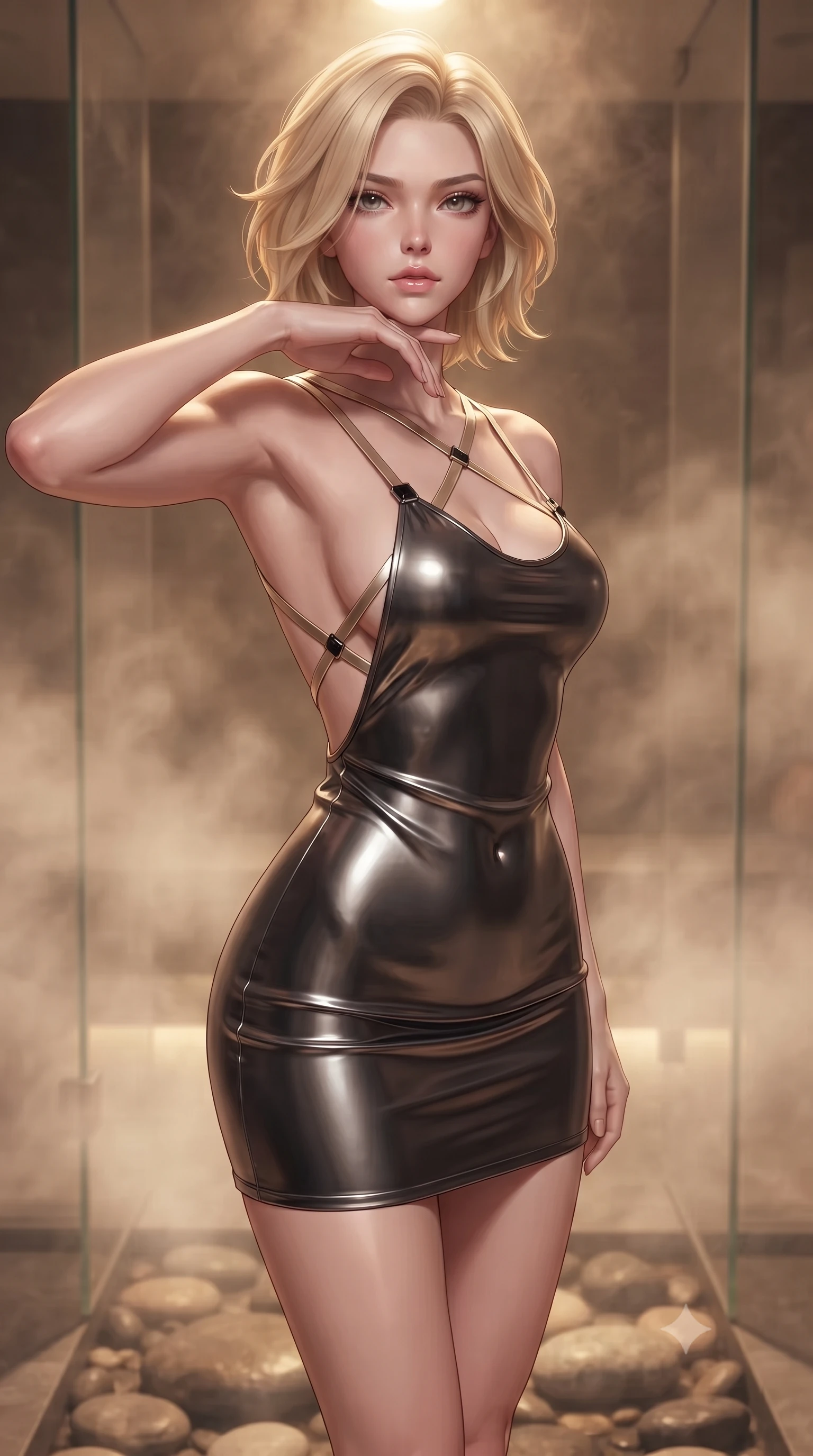 score_9, masterpiece, best quality, ultra-detailed, high-budget anime keyframe, editorial fashion photography, tasteful artistic composition, Caucasian woman. close-up cowboy shot from the waist and thighs up, the character dominates the composition, filling the frame with her large presence, background elements kept in soft focus. Resting her chin on the backs of her fingers with an air of effortless superiority, stepping gracefully across smooth river stones in a private glass steam room, warm amber glow highlighting her sharp v-shaped jawline and glossy lips. She has an exceptionally elegant, slender, and willowy female figure with an ultra-slim waist, a gracefully sculpted slender torso, and a refined silhouette. sharp v-shaped jawline, high-bridge nose, intricate jewel-like eyes with depth, thick eyelashes, glossy lips with a natural sheen. wearing dramatically scooped backless dark satin mini dress with criss-cross chrome straps in champagne gold, made of sculpted obsidian metallic chrome, adorned with minimalist black onyx hardware framing the silhouette, highlighting her statuesque proportions and ultra-slim waistline. illuminated by soft diffused key light filtering through delicate steam. ultra-reflective glossy finish, specular highlights, metallic sheen, high-contrast stereoscopic depth, volumetric dynamic lighting, 2k, ultra detail, master piece, 9:16 ratio