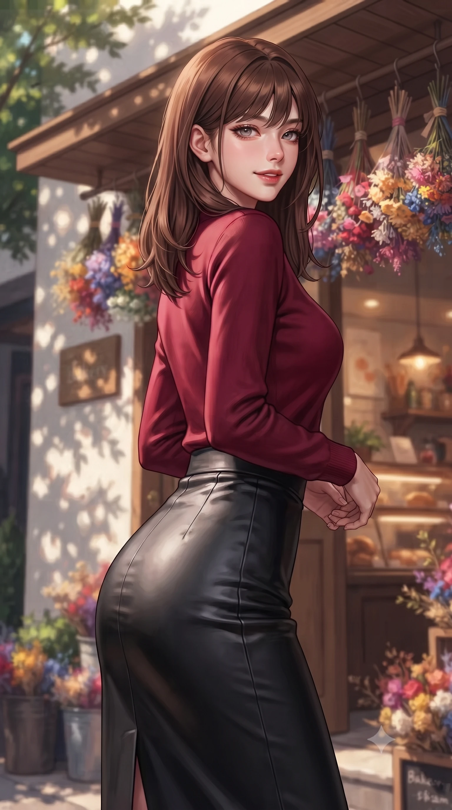 score_9, masterpiece, best quality, ultra-detailed, high-budget anime keyframe, editorial fashion photography, tasteful artistic composition, Korean woman. close-up cowboy shot from the waist and thighs up, the character dominates the composition, filling the frame with her large presence, background elements kept in soft focus. glancing sidelong over her shoulder with an alluring, lingering gaze and a subtle grin set against a soft-focus background of in front of a cozy bakery shop in a quiet residential alley with a display of colorful dried flower bouquets hanging from the shop roof. She has an exceptionally elegant, slender, and willowy female figure with an ultra-slim waist, a gracefully sculpted slender torso, and a refined silhouette. sharp v-shaped jawline, high-bridge nose, intricate jewel-like eyes with depth, thick eyelashes, glossy lips with a natural sheen. wearing slim-fit tight-fitting cashmere cardigan closed, paired with a sleek leather midi skirt. dappled sunlight casting soft leaf shadows on the shop walls and her skin. highly saturated vibrant anime colors, detailed shading with soft gradients, rich glossy textures, high-contrast stereoscopic depth, volumetric dynamic lighting, master piece, 9:16 ratio