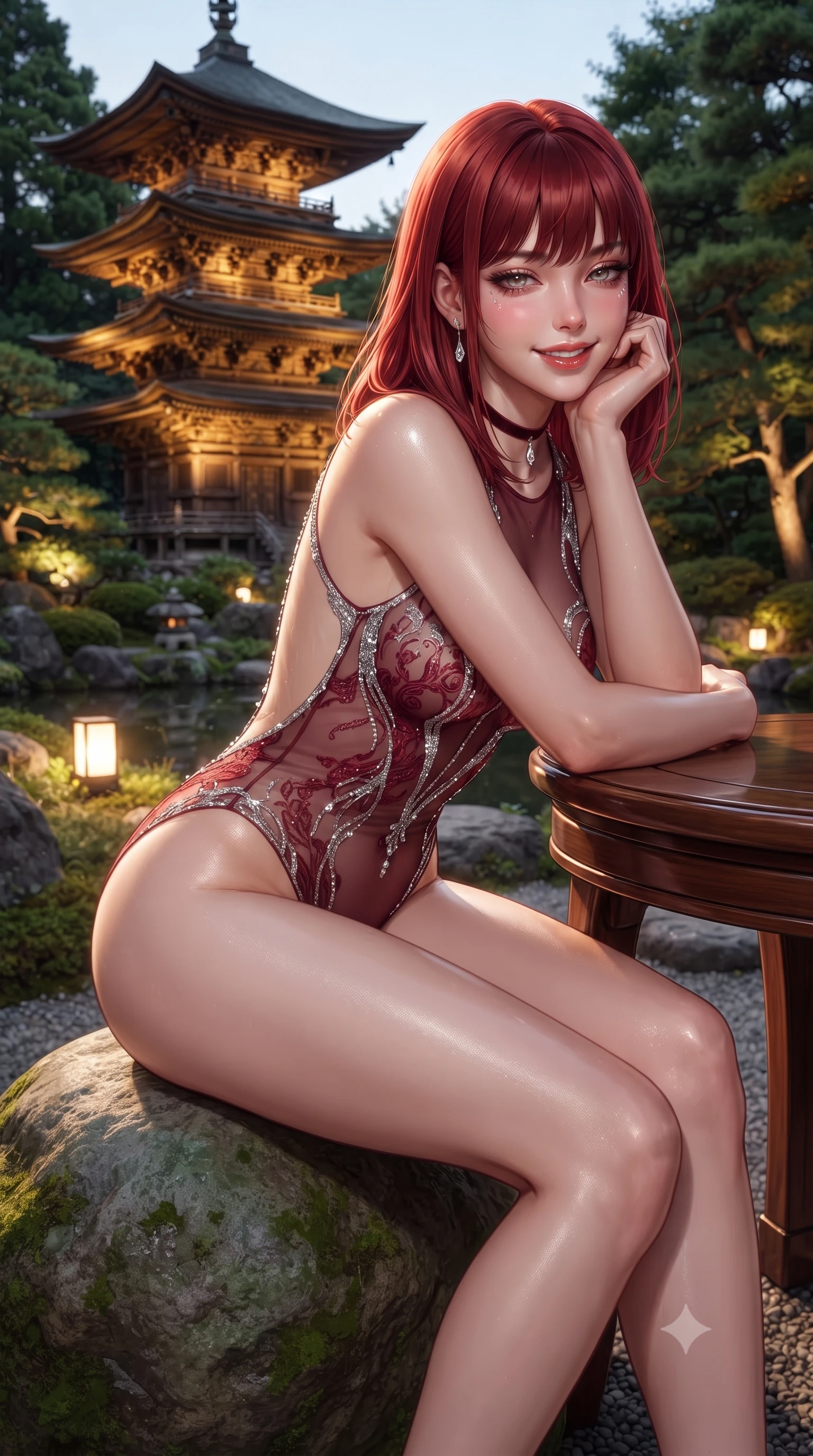 score_9, masterpiece, best quality, ultra-detailed, high-budget anime keyframe, editorial fashion photography, tasteful artistic composition, Caucasian woman. close-up cowboy shot from the waist and thighs up, the character dominates the composition, filling the frame with her large presence. resting one elbow on the table and supporting her chin, leaning close to the camera with heavy-lidded sparkling eyes and parted lips while sitting gracefully on the smooth mossy boulder with legs extended, flashing a radiant, flirtatious smile with parted glossy lips. The surrounding environment is rendered in vivid detail and crisp panoramic clarity: detailed form-contouring sheer pleated georgette baby-doll slip, scalloped lace trim, and master Japanese landscaping in high resolution. She has an exceptionally elegant, slender, and willowy female figure with an ultra-slim waist, flat toned midriff, narrow ribcage, and sculpted feminine hips creating an alluring, slim hourglass silhouette without bulk. sharp v-shaped jawline, high-bridge nose, intricate jewel-like sparkling eyes with depth, thick eyelashes, glossy parted lips with a natural peach sheen, bright cheerful beaming smile with an enchanting and coquettish sensual glint, exuding both youthful cute charm and seductive allure, flawlessly proportioned anatomical accuracy, strict slender model proportions, natural body alignment, perfectly sculpted long slender limbs, ultra-slim waistline, clean dynamic posture without body distortion. wearing an alluring backless sheer illusion mesh leotard with silver crystal flocking tracing her spine in Venetian baroque ruby red and antique starlight silver, woven from fine semi-opaque stretch illusion mesh tracing her slender contours, finished with a thin velvet ribbon choker and a single teardrop diamond pendant, the form-contouring silhouette accentuating her sculpted flat midriff, narrow delicate ribcage, and gracefully curvy hips with intoxicating allure. bathed in golden floodlights illuminating the ancient wooden pagoda balanced with soft garden uplights. ultra-reflective glossy finish, specular highlights, rich textural contrasts, high-contrast stereoscopic depth, volumetric dynamic lighting, 2k, ultra detail, master piece, 9:16 ratio