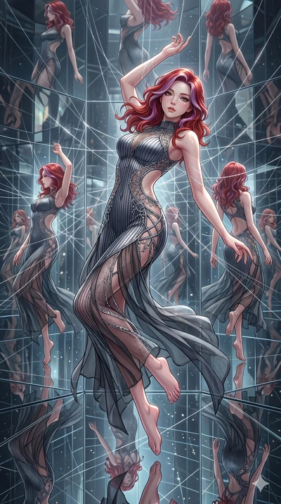 score_9, masterpiece, best quality, ultra-detailed, High-budget Anime Keyframe, East Asian woman. Dynamic full-body shot stretching the vertical silhouette to the limit. Scenario 26: Suspended by invisible silk threads in a hall of mirrors. Her prese