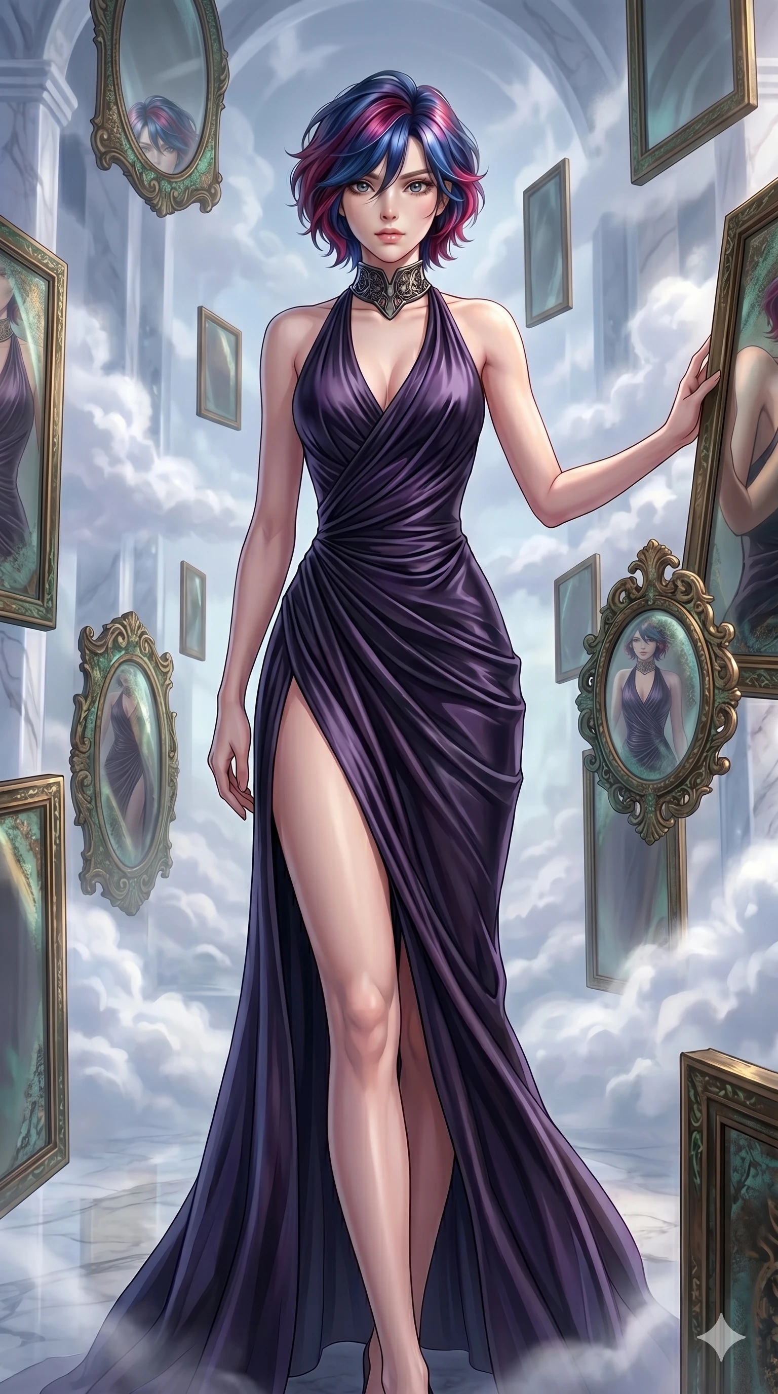 score_9, masterpiece, best quality, ultra-detailed, high-budget anime keyframe, Korean woman. upper body close-up from the thighs up, character filling the screen for maximum presence. wandering through a mirage cloud cathedral of translucent marble and water mist, surrounded by floating ancient bronze mirror walls. She has an absolutely perfect 8-heads proportion, an exceptionally tall and slender female figure with impossibly long slender legs and an ultra-slim waist. V-shaped jawline, high-bridge nose, intricate jewel-like eyes with depth, thick eyelashes, glossy lips with a natural sheen.. wearing a gothic liquid silk gown, featuring a deep purple liquid silk maxi gown draped around her, secured by a metallic choker collar, with a high side slit. lit by a soft glowing ambient light and a sharp side key light that traces the sleek contours of her athletic build. 2k, ultra detail, master piece, 9:16 ratio