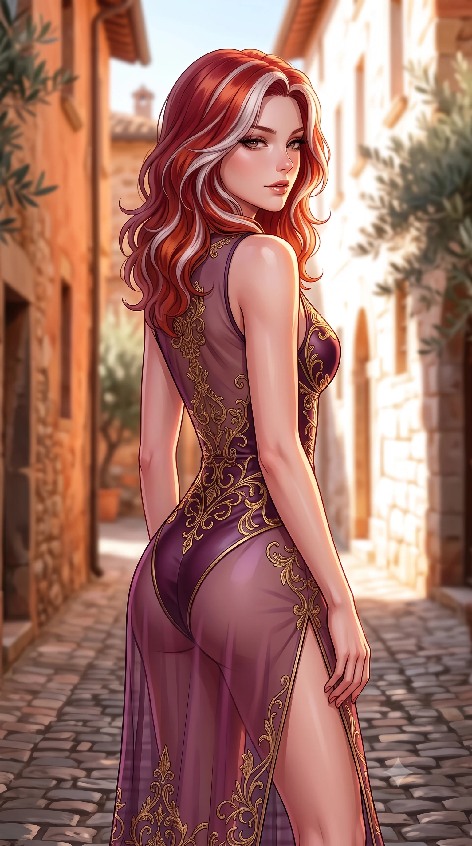 score_9, masterpiece, best quality, ultra-detailed, high-budget anime keyframe, editorial fashion photography, tasteful artistic composition, Caucasian woman. close-up cowboy shot from the waist and thighs up, the character dominates the composition, filling the frame with her large presence, background elements kept in soft focus. Glancing sidelong over her shoulder with a smoldering half-smile and heavy lashes walking down a cobblestone alley in a Tuscan hilltop villa surrounded by olive trees, intense Mediterranean sunlight reflecting off pristine white stone walls. She has an exceptionally elegant, slender, and willowy female figure with an ultra-slim waist, a gracefully sculpted slender torso, and a refined silhouette. sharp v-shaped jawline, high-bridge nose, intricate jewel-like eyes with depth, thick eyelashes, glossy lips with a natural sheen. wearing a semi-opaque sheer overlay dress over a leather micro-bodysuit in plum purple and gold filigree, crafted from smooth liquid silk, finished with a sleek side slit ascending to mid-thigh, the form-contouring material highlighting her ultra-slim waist and long lines. illuminated by warm Tuscan sunset light with soft terracotta ambient glow. highly saturated vibrant anime colors, detailed shading with soft gradients, rich glossy textures, high-contrast stereoscopic depth, volumetric dynamic lighting, master piece, 9:16 ratio