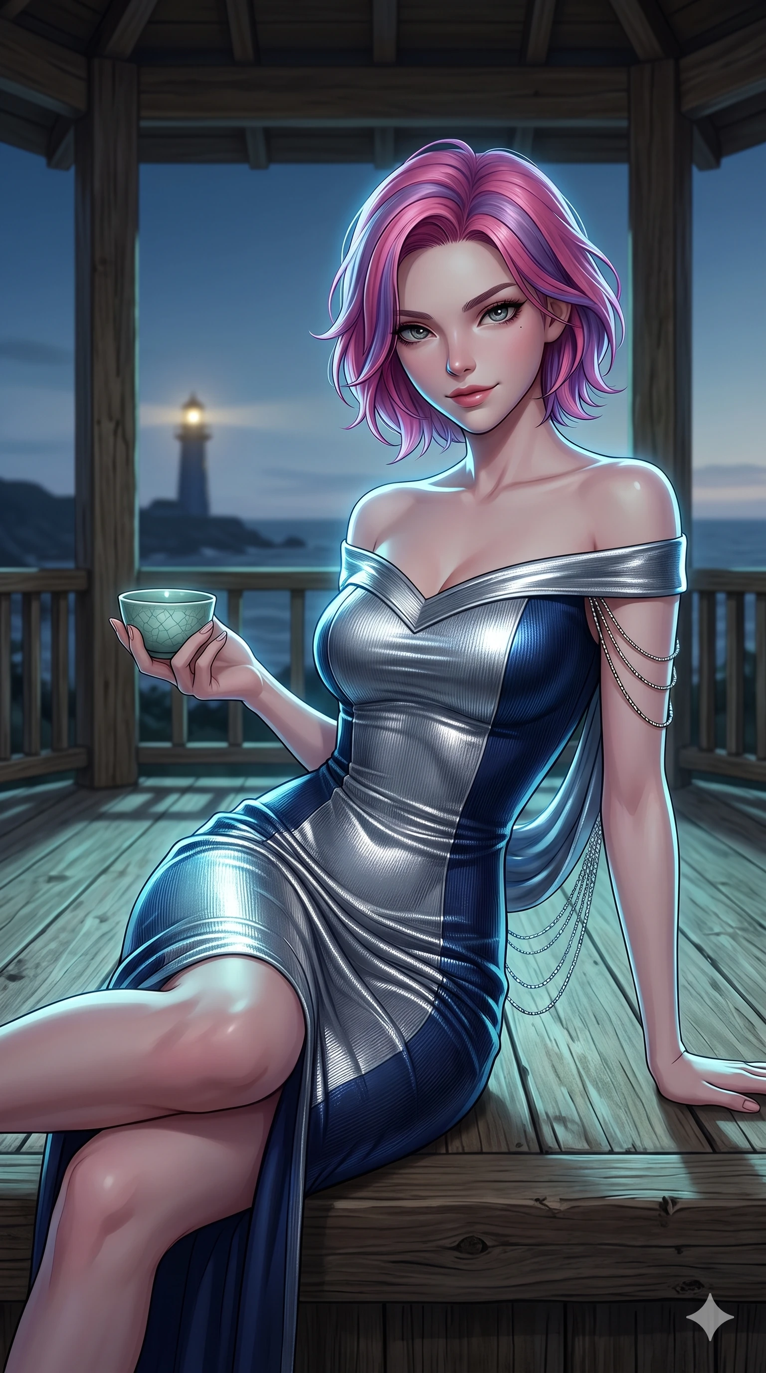score_9, masterpiece, best quality, ultra-detailed, high-budget anime keyframe, editorial fashion photography, tasteful artistic composition, Caucasian woman. close-up cowboy shot from the waist and thighs up, the character dominates the composition, filling the frame with her large presence. leaning forward while arching her lower back to accentuate her curvy hips, looking into the camera with an intoxicating smoldering gaze and bedroom-eyes while lounging on the wooden pavilion floor with one leg drawn up, holding a celadon wine cup with an intoxicating, teasing smile. The surrounding environment is rendered in vivid detail and crisp panoramic clarity: sharp celadon porcelain crackle glaze, weathered cedar railing grain, and distant lighthouse beacon in deep focus. She has an exceptionally elegant, slender, and willowy female figure with an ultra-slim waist, flat toned midriff, narrow ribcage, and sculpted feminine hips creating an alluring, slim hourglass silhouette without bulk. sharp v-shaped jawline, high-bridge nose, sparkling eyes with hypnotic seductive depth, thick curled eyelashes, glossy parted lips with a natural dewy peach sheen, alluring bedroom-eyes with an enchanting coquettish smile, exuding magnetic siren charisma and sophisticated glamour, flawlessly proportioned anatomical accuracy, strict slender model proportions, natural body alignment, perfectly sculpted long slender limbs, ultra-slim waistline, clean dynamic posture without body distortion. wearing a form-contouring off-shoulder modern hanbok midi dress with traditional curved neckline and low-back scoop in metallic liquid silver and deep sapphire navy, tailored from fine ribbed modal knit with gentle elastic contouring and soft hand-feel, accented with an open-back drape framed by falling strands of delicate chrome chains, the impeccably tailored cut draping gracefully along her slender figure with aristocratic eastern poise. illuminated by seafoam bounce and sharp platinum-azure rim lights defining her razor-sharp jawline, narrow waist, and curvy hips. ultra-reflective glossy finish, specular highlights, rich textural contrasts, high-contrast stereoscopic depth, volumetric dynamic lighting, 2k, ultra detail, master piece, 9:16 ratio