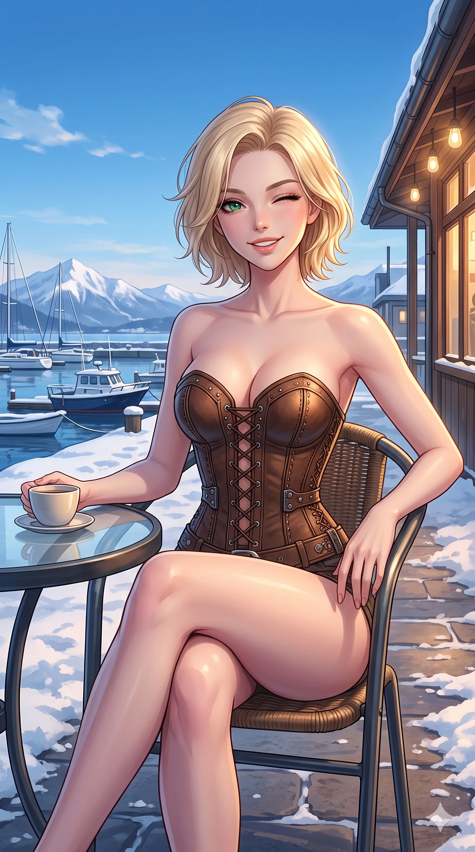 score_9, masterpiece, best quality, ultra-detailed, high-budget anime keyframe, vibrant anime aesthetic, Caucasian woman, strictly human ears. cowboy shot from the thighs up, character and outfit filling the frame for maximum presence. She is sitting by a glass table, winking and smiling cheerfully at the camera in winter by a winter harbor promenade under clear blue sky (Code-P21-156). She has an absolutely perfect 8-heads proportion, an exceptionally tall and slender female figure with impossibly long slender legs and an ultra-slim waist. V-shaped jawline, high-bridge nose, intricate jewel-like eyes with depth, thick eyelashes, glossy lips with a natural sheen. wearing a leather corset with sweetheart neckline revealing cleavage in winter. She is soft golden twilight glow mixed with warm cabin lights, tracing her eyelashes. 2k, ultra detail, master piece, 9:16 ratio