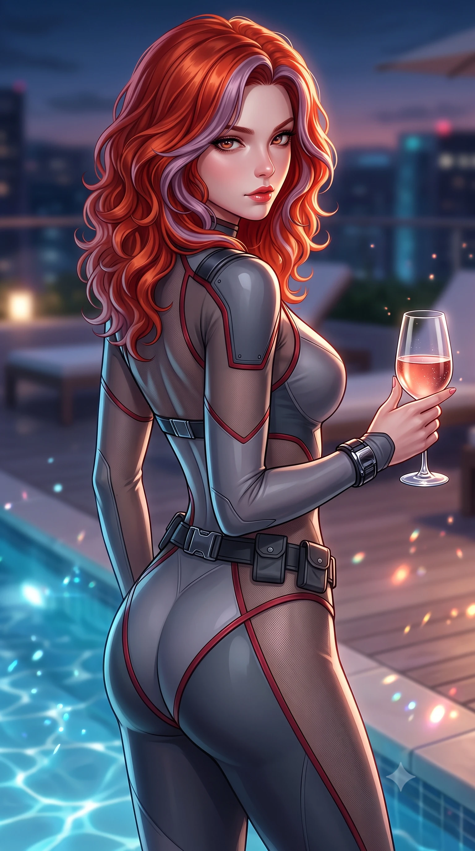 score_9, masterpiece, best quality, ultra-detailed, high-budget anime keyframe, semi-realistic 3D game render, editorial fashion photography, tasteful artistic composition, Caucasian woman. close-up cowboy shot from the waist and thighs up, the character dominates the composition, filling the frame with her large presence. radiating intense magnetic charisma with jewel-like eyes locked onto the viewer, her upper body turning in a dynamic, fluid S-curve while holding a chilled glass of vintage rosé, casting a smoldering, confident gaze over her shoulder into the lens. The composition keeps background elements in soft focus with creamy bokeh. shimmering pool caustics and city neon reflections scattering radiant light motes across the deck. She has an exceptionally elegant, slender, and willowy female figure with an ultra-slim waist, a gracefully sculpted slender torso, toned flat midriff, and a refined slim silhouette. sharp v-shaped jawline, high-bridge nose, intricate jewel-like eyes with depth, thick eyelashes, glossy lips with a natural sheen, captivating and magnetic expression, flawlessly proportioned anatomical accuracy, strict slender model proportions, natural body alignment, perfectly sculpted long slender limbs, ultra-slim waistline, clean dynamic posture without body distortion. wearing a sharp asymmetrical spy bodysuit with sheer contouring mesh panels, reinforced strike shoulders, and utility waist harness in storm grey and dark scarlet trim, made of high-mobility liquid jersey and semi-opaque reinforced mesh, accented with concealed lockpick wristbands and polished dark chrome hardware edition #19, the form-contouring material adhering flawlessly to her sculpted flat midriff and slender torso, emphasizing her long leg lines and perfectly proportioned willowy build. illuminated by crisp directional edge lights sharply sculpting her slender waist and long slender legs. highly saturated vibrant anime colors, detailed shading with soft gradients, rich glossy textures, high-contrast stereoscopic depth, volumetric dynamic lighting, master piece, 9:16 ratio