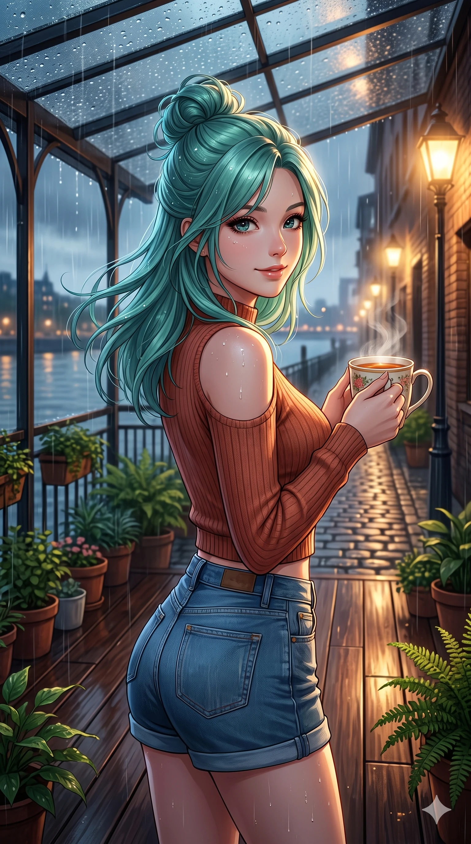score_9, masterpiece, best quality, ultra-detailed, high-budget anime keyframe, vibrant anime aesthetic, Japanese woman. close-up cowboy shot from the waist and thighs up, the character dominates the composition, filling the frame with her large presence, background elements kept in soft focus. She is holding a warm mug of tea, looking at the camera with a gentle smile, looking over her shoulder at the camera with a soft breath of wind in her hair. by a scenic river bank deck decorated with potted plants, under an elegant glass canopy in the rain (Code-P22-075). She has an absolutely perfect proportion, an exceptionally elegant and slender female figure with an ultra-slim waist. V-shaped jawline, high-bridge nose, intricate jewel-like eyes with depth, thick eyelashes, glossy lips with a natural sheen. wearing a cold-shoulder knit top with a cropped waistline and denim shorts in warm terracotta. She is lit by dramatic, high-contrast streetlights casting long shadows in the rain, adding depth to her jewel-like eyes along the cobblestone alley. 2k, ultra detail, master piece, 9:16 ratio