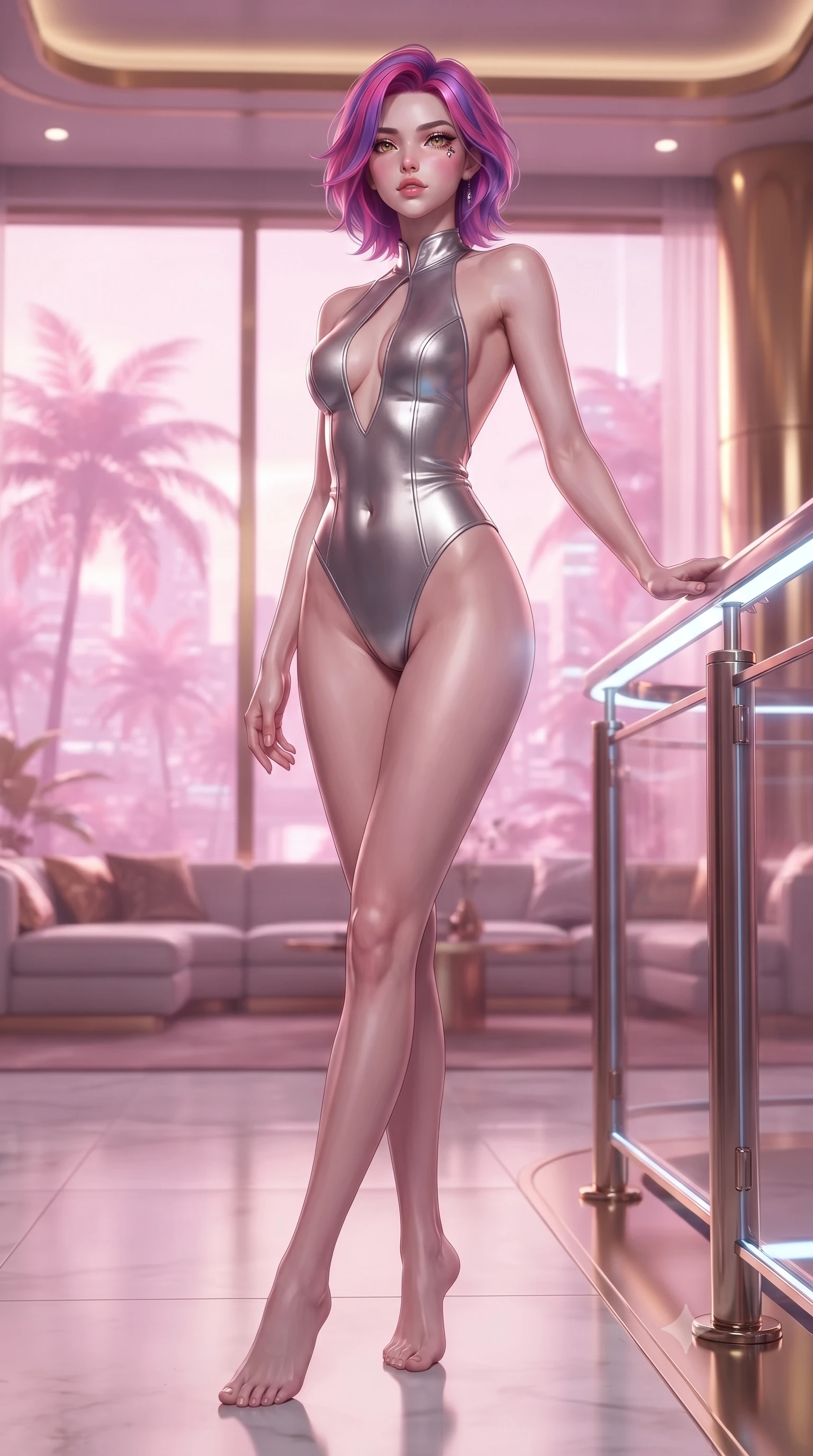 score_9, masterpiece, best quality, ultra-detailed, high-budget anime keyframe, editorial fashion photography, tasteful artistic composition, Caucasian woman. low angle full-body shot from head to toe showing her feet, filling the entire 9:16 vertical frame with her statuesque presence, stretching her vertical silhouette. standing in a tall, confident posture with one hand on a glowing metal railing, stretching her statuesque body, the background shows a soft-focus a luxury lounge with floor-to-ceiling windows and gold-plated details. She has an absolutely perfect, statuesque 8.5-heads proportion, an exceptionally tall and slender model-like female figure with impossibly long slender legs and an ultra-slim waist. sharp v-shaped jawline, high-bridge nose, intricate jewel-like eyes with depth, thick eyelashes, glossy lips with a natural sheen. wearing a tailored backless combat bodysuit in metallic silver, featuring a plunging keyhole cutout and low-cut back. pink holographic palm trees casting a soft, warm glow over the lounge. ultra-reflective glossy finish, specular highlights, metallic sheen, high-contrast stereoscopic depth, volumetric dynamic lighting, 2k, ultra detail, master piece, 9:16 ratio