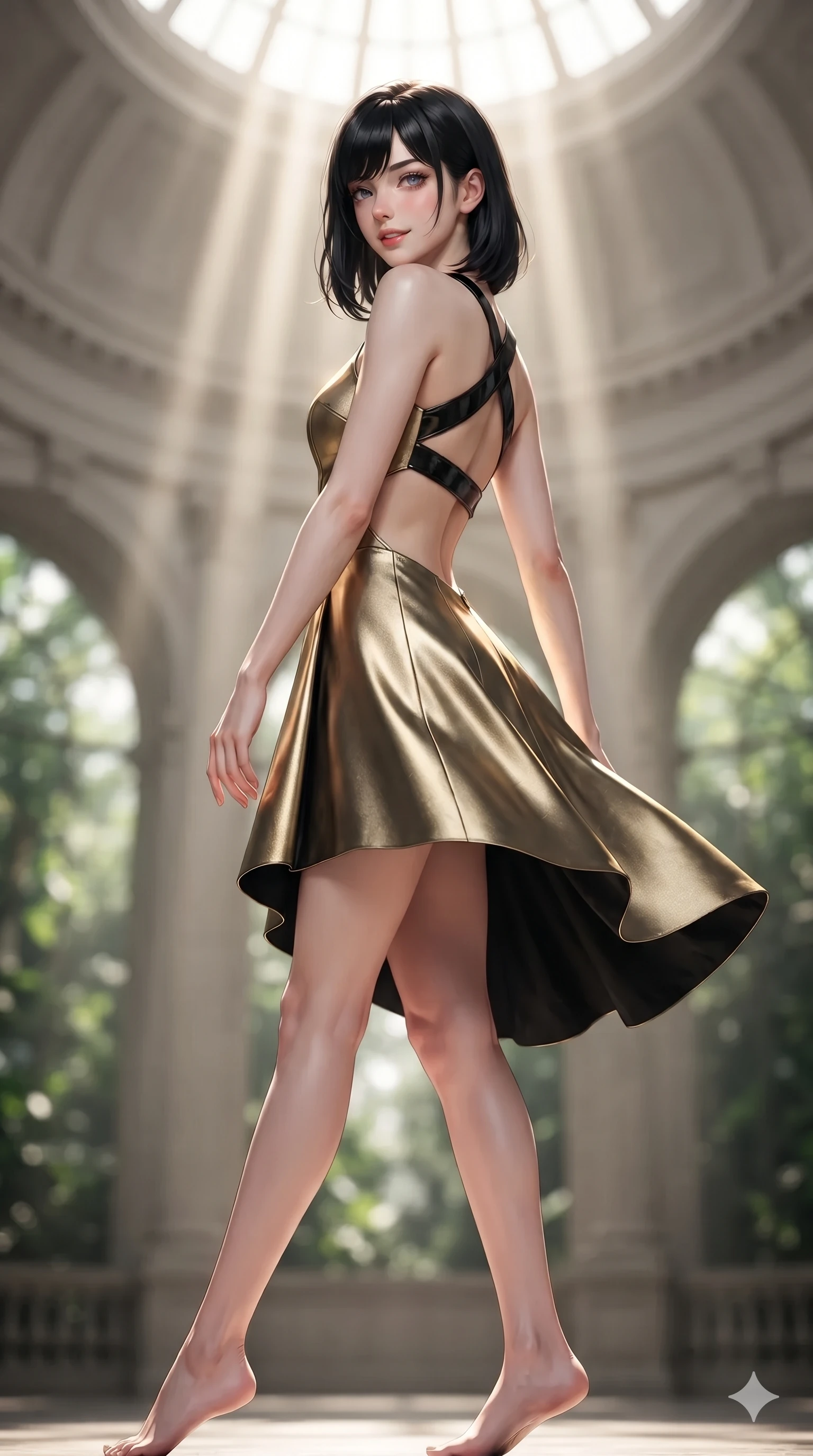 score_9, masterpiece, best quality, ultra-detailed, high-budget anime keyframe, editorial fashion photography, tasteful artistic composition, Caucasian woman. low angle full-body shot from head to toe showing her feet, filling the entire 9:16 vertical frame with her statuesque presence, stretching her vertical silhouette. executing a slow, graceful pivot turn as her skirt sways around her slender legs, glancing back with an enchanting, teasing sensual expression while twisting her slender torso in an alluring contrapposto stance, dramatic skylight rays carving specular highlights along her flat midriff. The background shows a soft-focus grand botanical palace rotunda softened in neoclassical shallow focus. She has an absolutely perfect, statuesque 8.5-heads proportion, an exceptionally tall and slender model-like female figure with impossibly long slender legs, an ultra-slim waist, a flat toned midriff, narrow delicate ribcage, and beautifully sculpted feminine hips creating a graceful, slim hourglass silhouette without any bulky heaviness. sharp v-shaped jawline, high-bridge nose, sparkling eyes with hypnotic seductive depth, thick curled eyelashes, glossy parted lips with a natural dewy peach sheen, alluring bedroom-eyes with an enchanting coquettish smile, exuding magnetic siren charisma and sophisticated glamour, flawlessly proportioned anatomical accuracy, strict slender model proportions, natural body alignment, perfectly sculpted long slender limbs, ultra-slim waistline, clean dynamic posture without body distortion. wearing an asymmetric one-shoulder metallic cocktail mini dress with a dramatic side cutout hugging her waist in dual-tone high-contrast gold-and-black monochrome, tailored from crisp high-density botanical cotton poplin with pristine structural hold, featuring an open-back criss-cross harness strap in patent black leather, the form-contouring silhouette accentuating her sculpted flat midriff, narrow delicate ribcage, and gracefully curvy hips with intoxicating allure. bathed in vertical shafts of dramatic midday sunlight beaming down directly through the apex cupola. ultra-reflective glossy finish, specular highlights, rich textural contrasts, high-contrast stereoscopic depth, volumetric dynamic lighting, 2k, ultra detail, master piece, 9:16 ratio