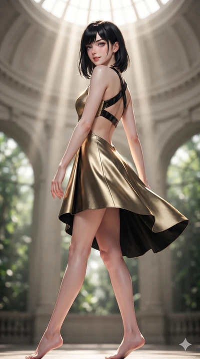 Caucasian woman. executing a slow, graceful pivot turn as her skirt sways around her slender legs, glancing back with an enchanting, teasing sensual expression while twisting her slender torso in an alluring contrapposto stance, dramatic skylight rays carving specular highlights along her flat midriff. The background shows a soft-focus grand...