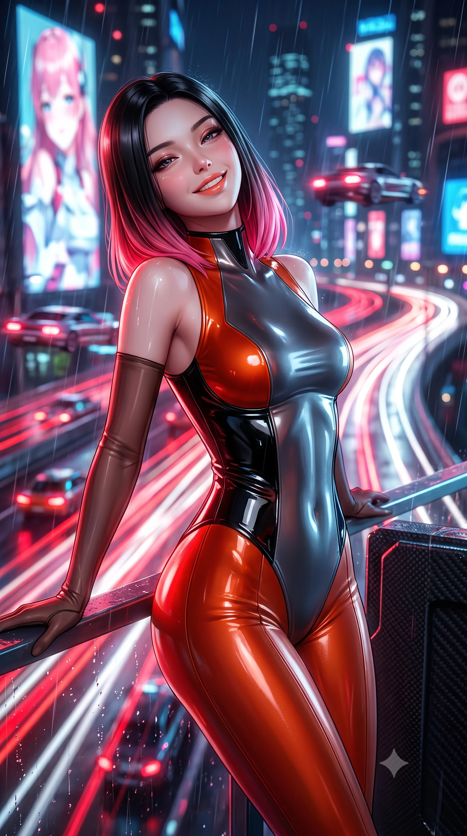 score_9, masterpiece, best quality, ultra-detailed, high-budget anime keyframe, semi-realistic 3D game render, editorial fashion photography, tasteful artistic composition, Korean woman. close-up cowboy shot from the waist and thighs up, the character dominates the composition, filling the frame with her large presence. leaning back against the balustrade with relaxed seductive grace, head tilted back slightly while casting a hypnotic, heavy-lidded gaze while leaning against the carbon-fiber tactical sniper barricade with hips cocked back, looking through rain-streaked holographic reticles at the neon cityscape with smoldering bedroom-eyes. The background shows a soft-focus streaks of multi-tiered flying car headlights, massive 3D anime holographic billboards, and rain-slicked highway arches blurred into ruby, white, and electric blue bokeh. She has an exceptionally elegant, slender, and willowy female figure with an ultra-slim waist, flat toned midriff, narrow ribcage, and sculpted feminine hips creating an alluring, slim hourglass silhouette without bulk. sharp v-shaped jawline, high-bridge nose, intricate jewel-like sparkling eyes with depth, thick eyelashes, glossy parted lips with a natural peach sheen, bright cheerful beaming smile with an enchanting and coquettish sensual glint, exuding both youthful cute charm and seductive allure, flawlessly proportioned anatomical accuracy, strict slender model proportions, natural body alignment, perfectly sculpted long slender limbs, ultra-slim waistline, clean dynamic posture without body distortion. wearing a sleek second-skin cyber-pilot bodysuit with high-gloss patent leather panels accentuating her ultra-slim waistline in volcanic ember orange and brushed gunmetal, made of fluid liquid jersey with seamless sculpting hold and smooth contours, complemented by sheer opera-length evening gloves tracing her slender arms, the impeccably tailored cut draping gracefully along her slender figure with aristocratic poise. bathed in the continuous dynamic red-and-white illumination of flowing vehicle light trails mixed with neon billboard glow. highly saturated vibrant anime colors, detailed shading with soft gradients, rich glossy textures, high-contrast stereoscopic depth, volumetric dynamic lighting, master piece, 9:16 ratio