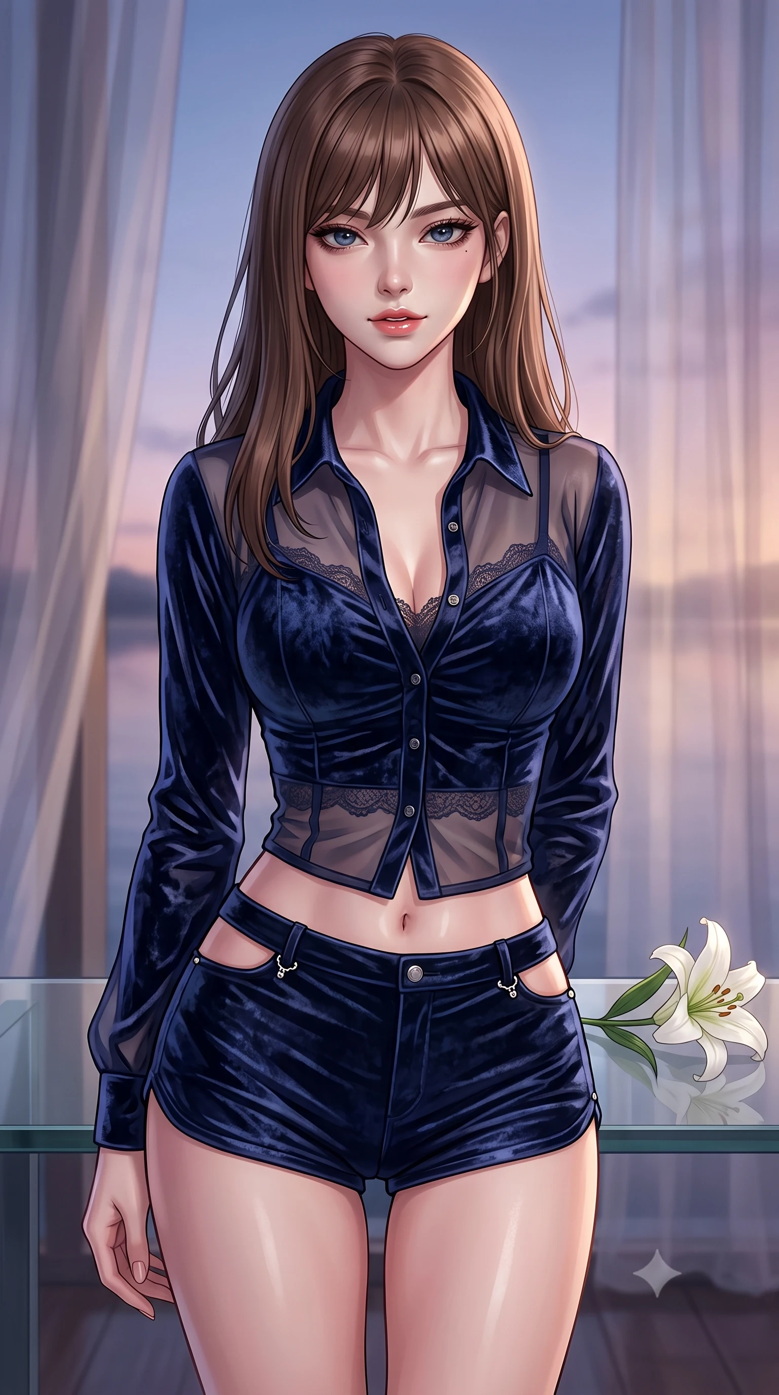score_9, masterpiece, best quality, ultra-detailed, high-budget anime keyframe, editorial fashion photography, tasteful artistic composition, Korean woman. close-up cowboy shot from the waist and thighs up, the character dominates the composition, filling the frame with her large presence, background elements kept in soft focus. gazing directly into the camera with a smoldering, magnetic half-smile, her glossy lips parted alluringly set against a soft-focus background of inside an exclusive lakeside pier with a single long-stemmed white lily resting against a polished glass surface. She has an exceptionally elegant, slender, and willowy female figure with an ultra-slim waist, a gracefully sculpted slender torso, and a refined silhouette. sharp v-shaped jawline, high-bridge nose, intricate jewel-like eyes with depth, thick eyelashes, glossy lips with a natural sheen. wearing slim-fit midnight navy crushed velvet sheer organza button-up shirt worn over a lace-accented crop top and high-cut mini shorts accented with delicate silver hardware. softened by diffused twilight glow filtering through sheer chiffon window curtains. highly saturated vibrant anime colors, detailed shading with soft gradients, rich glossy textures, high-contrast stereoscopic depth, volumetric dynamic lighting, master piece, 9:16 ratio