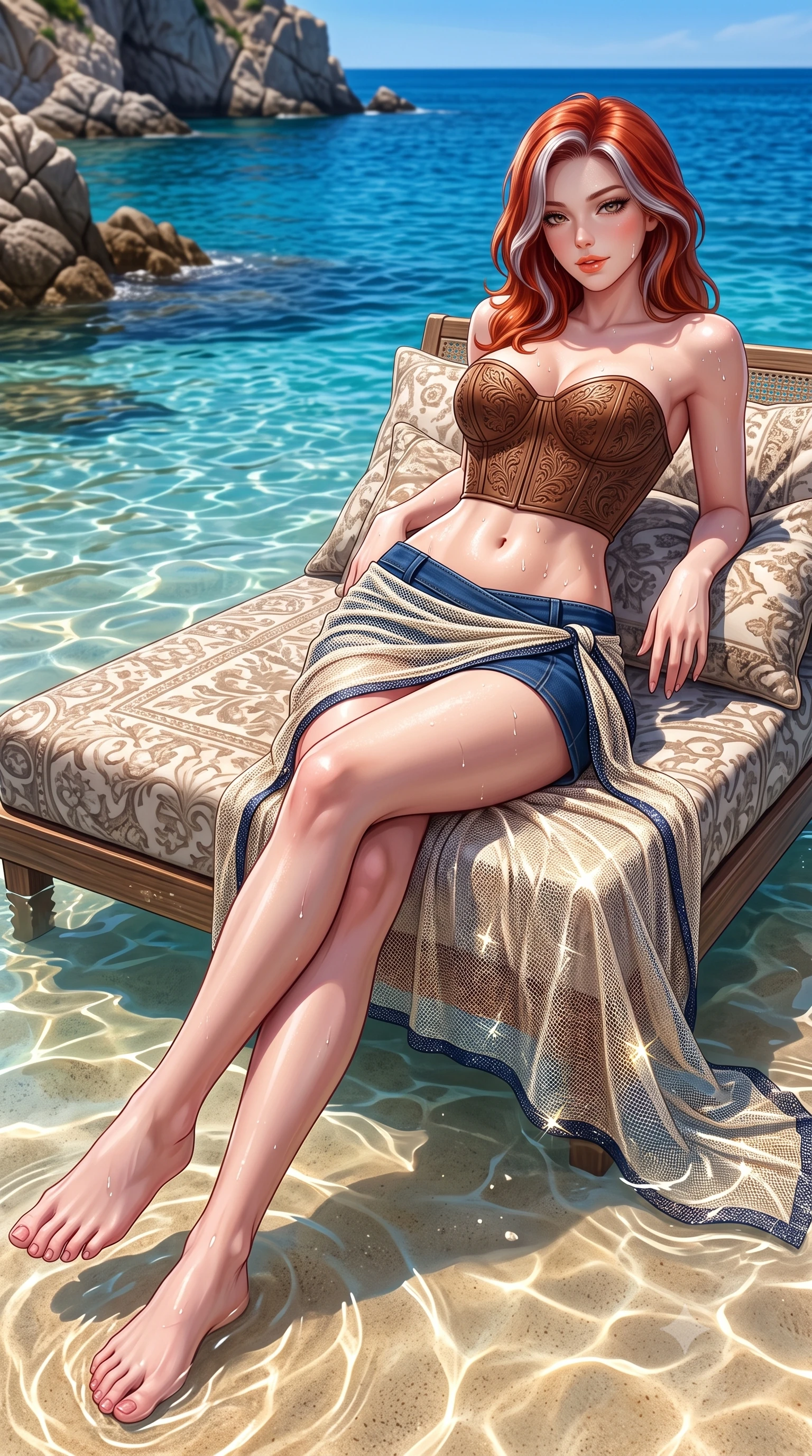 score_9, masterpiece, best quality, ultra-detailed, high-budget anime keyframe, semi-realistic 3D game render, editorial fashion photography, tasteful artistic composition, Caucasian woman. low angle full-body shot from head to toe showing her feet, filling the entire 9:16 vertical frame with her statuesque presence, stretching her vertical silhouette. lounging on the lavish daybed with legs crossed and hips angled toward the camera, displaying her toned midriff and long slender limbs with effortless siren poise while lounging in the shallow water over smooth sand with legs extended, water gently lapping her thighs as she casts a smoldering bedroom-gaze. The surrounding environment is rendered in vivid detail and crisp panoramic clarity: detailed sheer mesh beach sarong weave, dewy skin highlights, and untouched Sardinian coastal geology in razor-sharp precision. She has an absolutely perfect, statuesque 8.5-heads proportion, an exceptionally tall and slender model-like female figure with impossibly long slender legs, an ultra-slim waist, a flat toned midriff, narrow delicate ribcage, and beautifully sculpted feminine hips creating a graceful, slim hourglass silhouette without any bulky heaviness. sharp v-shaped jawline, high-bridge nose, sparkling eyes with hypnotic seductive depth, thick curled eyelashes, glossy parted lips with a natural dewy peach sheen, alluring bedroom-eyes with an enchanting coquettish smile, exuding magnetic siren charisma and sophisticated glamour, flawlessly proportioned anatomical accuracy, strict slender model proportions, natural body alignment, perfectly sculpted long slender limbs, ultra-slim waistline, clean dynamic posture without body distortion. wearing a structured boned leatherette corset bodice with western floral tooling paired with a micro-wrap denim skirt in French Riviera navy blue and warm champagne ivory, woven from stretch metallic lurex jersey casting radiant starlight glints across her silhouette, finished with glistening drops of seawater beading across her sculpted shoulders and flat midriff, the liquid-tight tailored fabric clinging flawlessly to her narrow waist and rounded feminine hips, emphasizing every millimeter of her sculpted slim hourglass curves without any bulky heaviness. illuminated by lagoon water caustic bounce and sharp platinum rim lights defining her delicate clavicles, narrow waist, and curvy hips. highly saturated vibrant anime colors, detailed shading with soft gradients, rich glossy textures, high-contrast stereoscopic depth, volumetric dynamic lighting, master piece, 9:16 ratio