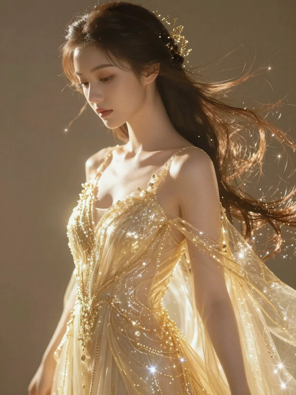 (masterpiece:1.2), best quality, ethereal, (1girl:1.3), woman with hair made of liquid gold, dress of flowing starlight, (face dominating upper frame:1.1), serene expression, divine glow, 2k, ultra detail, 3:4 ratio