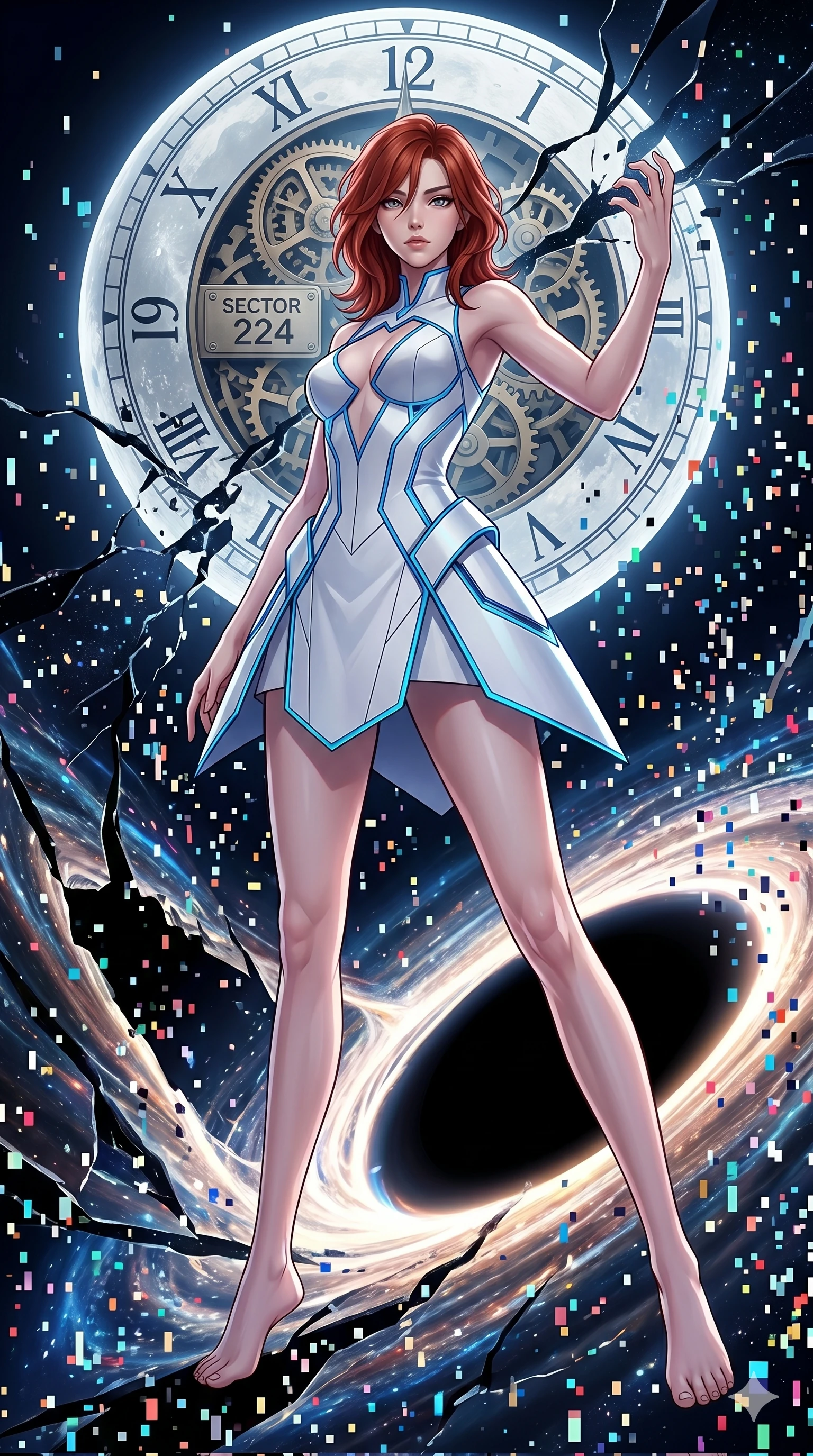 score_9, masterpiece, best quality, ultra-detailed, Set A: High-budget Anime Keyframe, Japanese woman. Low angle cowboy shot filling the entire 9:16 frame with her statuesque presence. Theme: Historical Remix. shattering the fabric of reality in the edge of a black hole, with a massive clockwork moon ticking behind her as sector 224. The atmosphere is filled with a blizzard of digital pixels. She has an absolutely perfect 8-heads proportion, an exceptionally tall and slender female figure with impossibly long slender legs and an ultra-slim waist. Sharp v-shaped jawline, high-bridge nose, intricate jewel-like eyes with depth, glossy lips. Wearing Minimalist architectural white dress with sharp angles and glowing blue trim. Cinematic lighting, vivid colors, dramatic shadows, 2k, ultra detail, master piece, 9:16 ratio