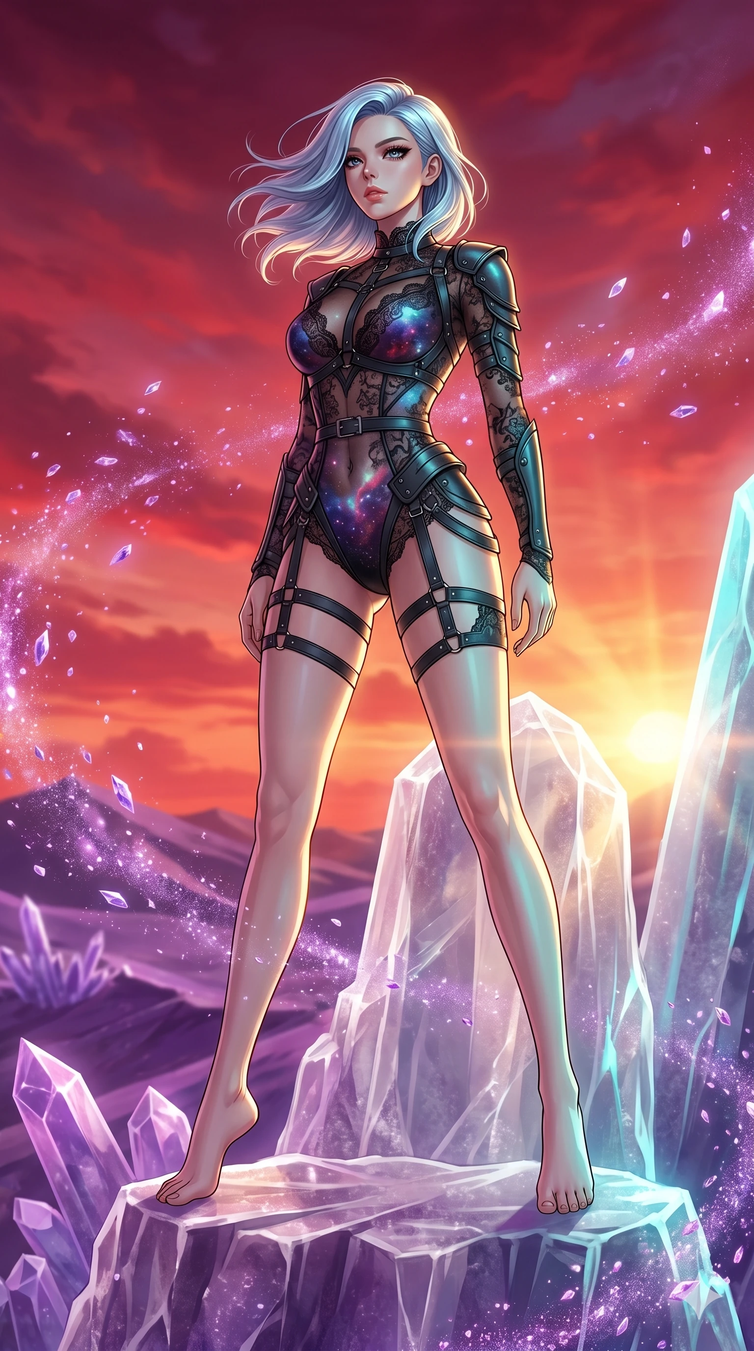 score_9, masterpiece, best quality, ultra-detailed, high-budget anime keyframe, Korean woman. low angle full-body shot filling the entire 9:16 frame with her statuesque presence, stretching the vertical silhouette. standing atop a transparent salt crystal tower in a purple crystalline desert as winds blow shimmering purple dust under a crimson sunset. She has an absolutely perfect 8-heads proportion, an exceptionally tall and slender female figure with impossibly long slender legs and an ultra-slim waist. V-shaped jawline, high-bridge nose, intricate jewel-like eyes with depth, thick eyelashes, glossy lips with a natural sheen.. wearing a gothic nebula lace bodysuit, featuring a sheer black lace bodysuit with cosmic nebula patterns, reinforced by matte leather straps. showcasing a beautiful play of light and shadow, with warm golden rays clashing against cool cyan highlights. 2k, ultra detail, master piece, 9:16 ratio