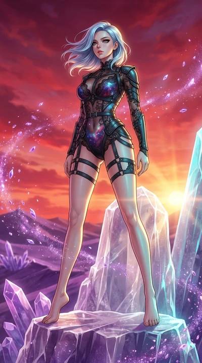 score_9, masterpiece, best quality, ultra-detailed, high-budget anime keyframe, Korean woman. low angle full-body shot filling the entire 9:16 frame with her statuesque presence, stretching the vertical silhouette. standing atop a transparent salt cr