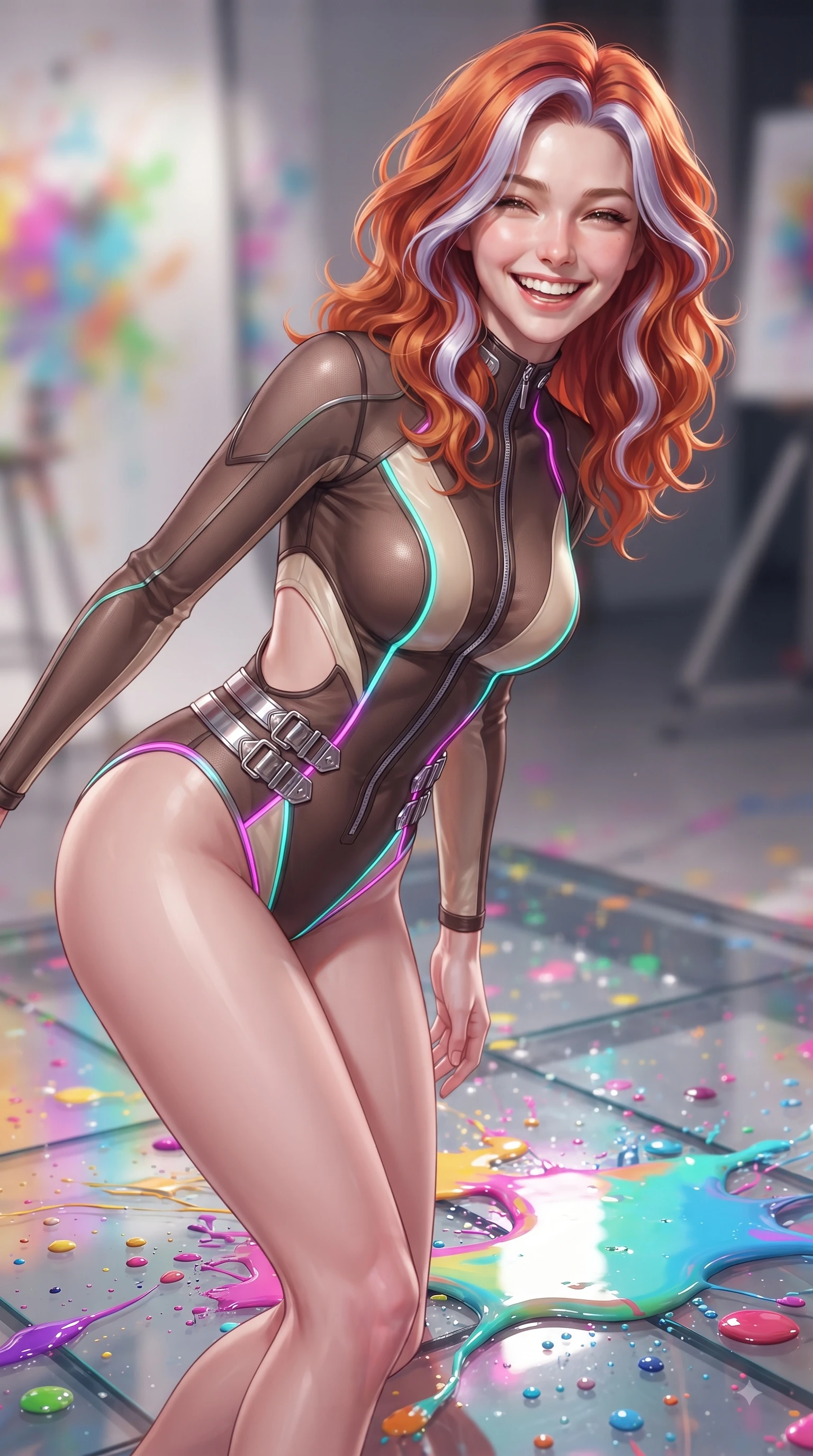 score_9, masterpiece, best quality, ultra-detailed, high-budget anime keyframe, editorial fashion photography, tasteful artistic composition, Caucasian woman. close-up cowboy shot from the waist and thighs up, the character dominates the composition, filling the frame with her large presence, background elements kept in soft focus. Joyful laughing expression filled with genuine happiness and warmth, leaning forward with cheerful energy while pivoting gracefully on a reflective glass floor drenched in vibrant multi-color paint splashes, paint droplets catching sharp specular highlights as she turns with a beaming smile. She has an exceptionally elegant, slender, and willowy female figure with an ultra-slim waist, a gracefully sculpted slender torso, and a refined silhouette. sharp v-shaped jawline, high-bridge nose, intricate jewel-like eyes with depth, thick eyelashes, glossy lips with a natural sheen, flawlessly proportioned anatomical accuracy, natural body alignment, perfectly sculpted elegant limbs, clean dynamic posture without body distortion. wearing a skin-tight cybernetic bodysuit with glowing neon seams and side cutouts in espresso brown and warm cream, woven from fine semi-opaque sheer organza, detailed with polished silver buckles along the waistline, the sleek second-skin texture accentuating her magnetic presence. surrounded by a radiant glow of magenta, aqua, and golden fluid highlights. ultra-reflective glossy finish, specular highlights, metallic sheen, high-contrast stereoscopic depth, volumetric dynamic lighting, 2k, ultra detail, master piece, 9:16 ratio