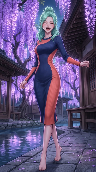 score_9, masterpiece, best quality, ultra-detailed, high-budget anime keyframe, editorial fashion photography, tasteful artistic composition, Japanese woman. low angle full-body shot from head to toe showing her feet, filling the entire 9:16 vertical