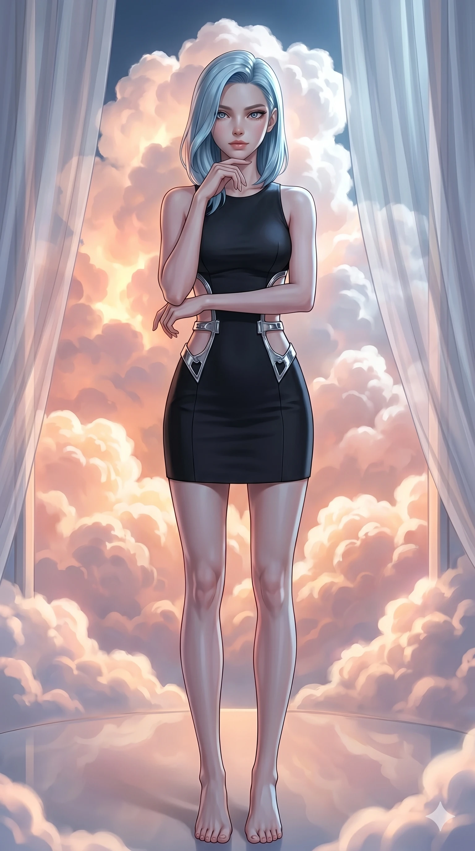 score_9, masterpiece, best quality, ultra-detailed, high-budget anime keyframe, editorial fashion photography, tasteful artistic composition, Korean woman. cowboy shot from the thighs up, character and outfit filling the frame for maximum editorial presence. Resting her chin on the backs of her fingers in a confident pose inside a luminous cloud palace where cumulus formations glow with amber and rose from within. She has an absolutely perfect 8-heads proportion, an exceptionally tall and slender female figure with impossibly long slender legs and an ultra-slim waist. V-shaped jawline, high-bridge nose, intricate jewel-like eyes with depth, thick eyelashes, glossy lips with a natural sheen. wearing a structured matte black mini dress with bold geometric cutouts revealing glimpses of the waist and side torso, framed by chrome architectural hardware against a precision-fitted base. bathed in cold silver moonlight filtered through translucent gossamer curtains casting soft shadows on her curves. 2k, ultra detail, master piece, 9:16 ratio