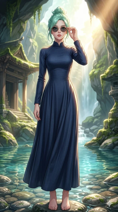 score_9, masterpiece, best quality, ultra-detailed, high-budget anime keyframe, editorial fashion photography, tasteful artistic composition, Japanese woman. low angle full-body shot from head to toe showing her feet, filling the entire 9:16 vertical