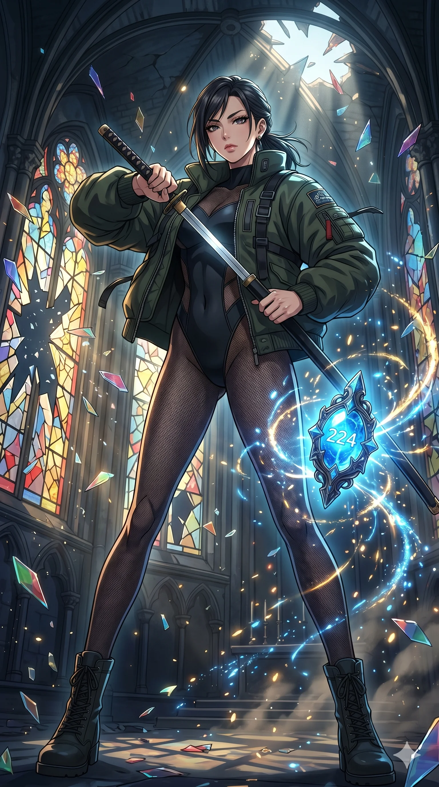 score_9, masterpiece, best quality, ultra-detailed, Set A: High-budget Anime Keyframe, Japanese woman. Low angle cowboy shot filling the entire 9:16 frame with her statuesque presence. Drawing a blade through a shattered glass cathedral, holding a relic that pulses with the frequency 224 and surrounded by glowing energy sparks. She has an absolutely perfect 8-heads proportion, an exceptionally tall and slender female figure with impossibly long slender legs and an ultra-slim waist. Sharp v-shaped jawline, high-bridge nose, intricate jewel-like eyes with depth, thick eyelashes, glossy lips with a natural sheen. Wearing Heavy tactical bomber jacket worn over a micro-bodysuit with mesh stockings. Cinematic lighting, vibrant colors, dramatic shadows, 2k, ultra detail, master piece, 9:16 ratio