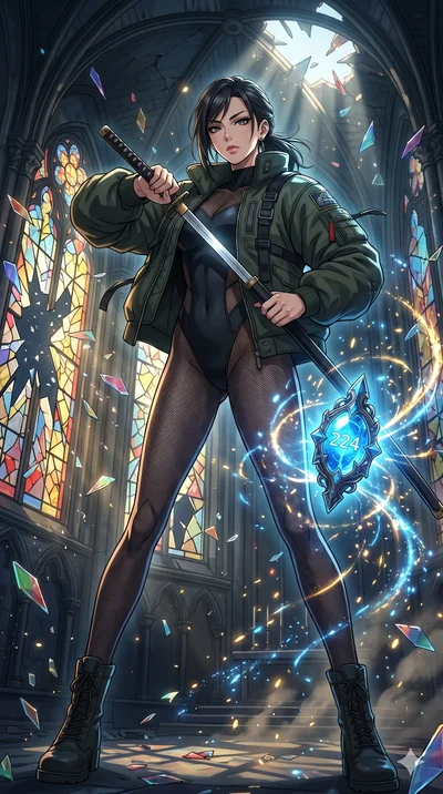 score_9, masterpiece, best quality, ultra-detailed, Set A: High-budget Anime Keyframe, Japanese woman. Low angle cowboy shot filling the entire 9:16 frame with her statuesque presence. Drawing a blade through a shattered glass cathedral, holding a re
