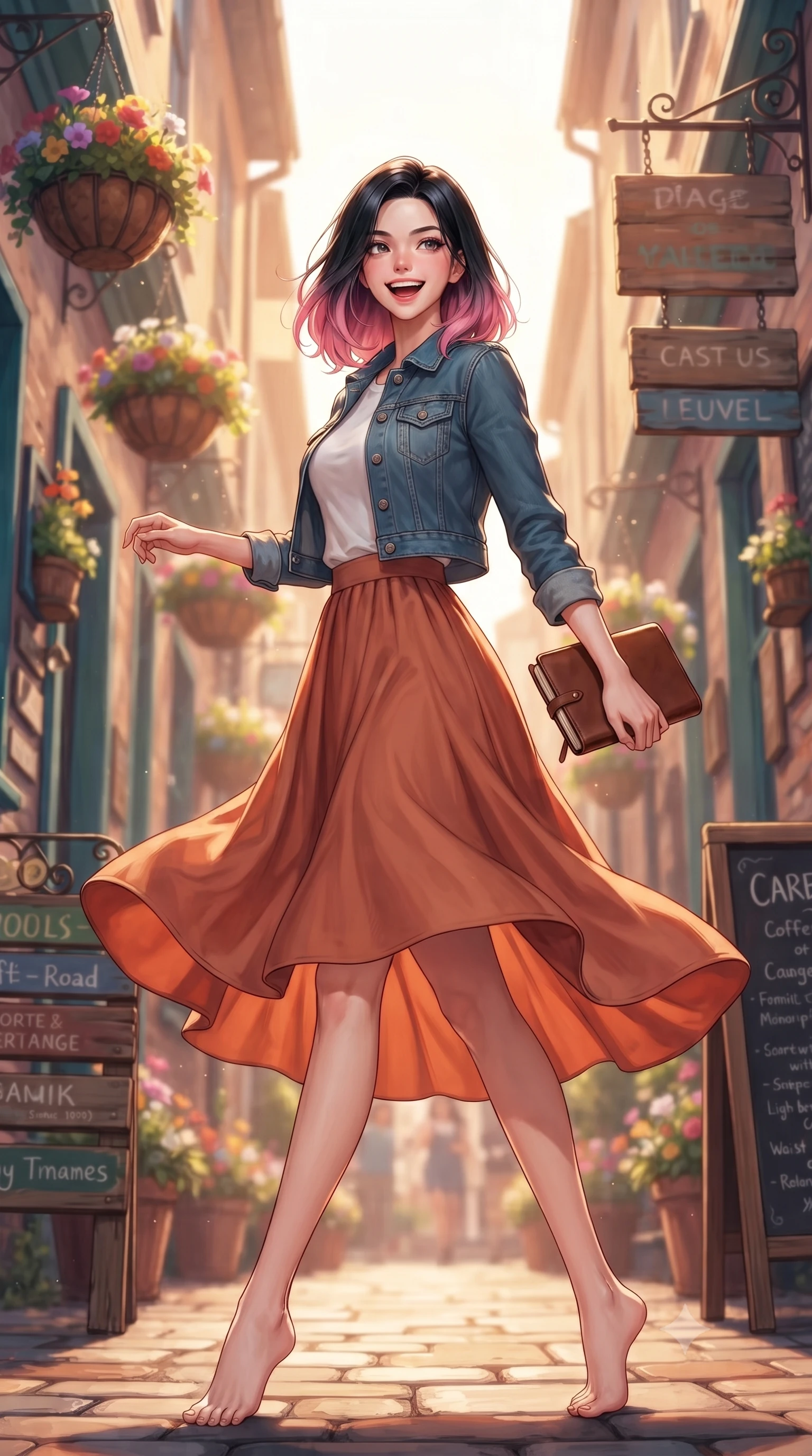 score_9, masterpiece, best quality, ultra-detailed, high-budget anime keyframe, editorial fashion photography, tasteful artistic composition, Korean woman. low angle full-body shot from head to toe showing her feet, filling the entire 9:16 vertical frame with her statuesque presence, stretching her vertical silhouette. twirling around with a playful, sensual laugh, her dress fluttering elegantly to accent her waistline set against a soft-focus background of in a colorful alley decorated with hanging flower baskets and wooden signs holding a classic leather notebook bought from the stationery shop. She has an absolutely perfect, statuesque 8.5-heads proportion, an exceptionally tall and slender model-like female figure with impossibly long slender legs and an ultra-slim waist. sharp v-shaped jawline, high-bridge nose, intricate jewel-like eyes with depth, thick eyelashes, glossy lips with a natural sheen. wearing form-contouring casual denim jacket worn over a simple white tee and a long cotton skirt. warm afternoon sunlight filtering down between the narrow alley buildings. highly saturated vibrant anime colors, detailed shading with soft gradients, rich glossy textures, high-contrast stereoscopic depth, volumetric dynamic lighting, master piece, 9:16 ratio