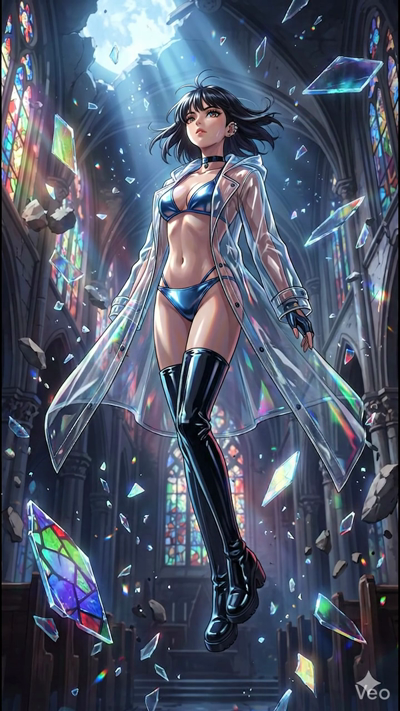 An ethereal 8-second anime sequence. The woman in the transparent holographic raincoat floats weightlessly in the center of a grand, ruined Gothic cathedral. Dust motes and large stained-glass shards orbit her slowly in zero gravity. Beams of light p