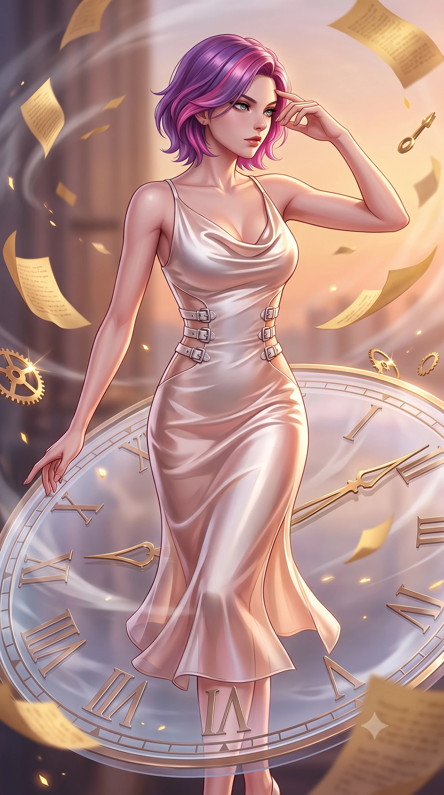 score_9, masterpiece, best quality, ultra-detailed, high-budget anime keyframe, editorial fashion photography, tasteful artistic composition, Caucasian woman. close-up cowboy shot from the waist and thighs up, the character dominates the composition, filling the frame with her large presence, background elements kept in soft focus. Resting her fingers gracefully near her temple, casting a sharp mysterious side-gaze during her stride while balancing dynamically on a giant translucent Roman numeral clock dial in mid-air, golden paper manuscript pages fluttering around her in a dynamic tempest breeze. She has an exceptionally elegant, slender, and willowy female figure with an ultra-slim waist, a gracefully sculpted slender torso, and a refined silhouette. sharp v-shaped jawline, high-bridge nose, intricate jewel-like eyes with depth, thick eyelashes, glossy lips with a natural sheen, flawlessly proportioned anatomical accuracy, natural body alignment, perfectly sculpted elegant limbs, clean dynamic posture without body distortion. wearing an elegant cowl-neck satin midi dress with a graceful draped neckline in pearl white and rose gold, woven from fine semi-opaque sheer organza, detailed with polished silver buckles along the waistline, the form-contouring material highlighting her ultra-slim waist and long lines. bathed in warm twilight amber backlighting and rich metallic specular glow. highly saturated vibrant anime colors, detailed shading with soft gradients, rich glossy textures, high-contrast stereoscopic depth, volumetric dynamic lighting, master piece, 9:16 ratio
