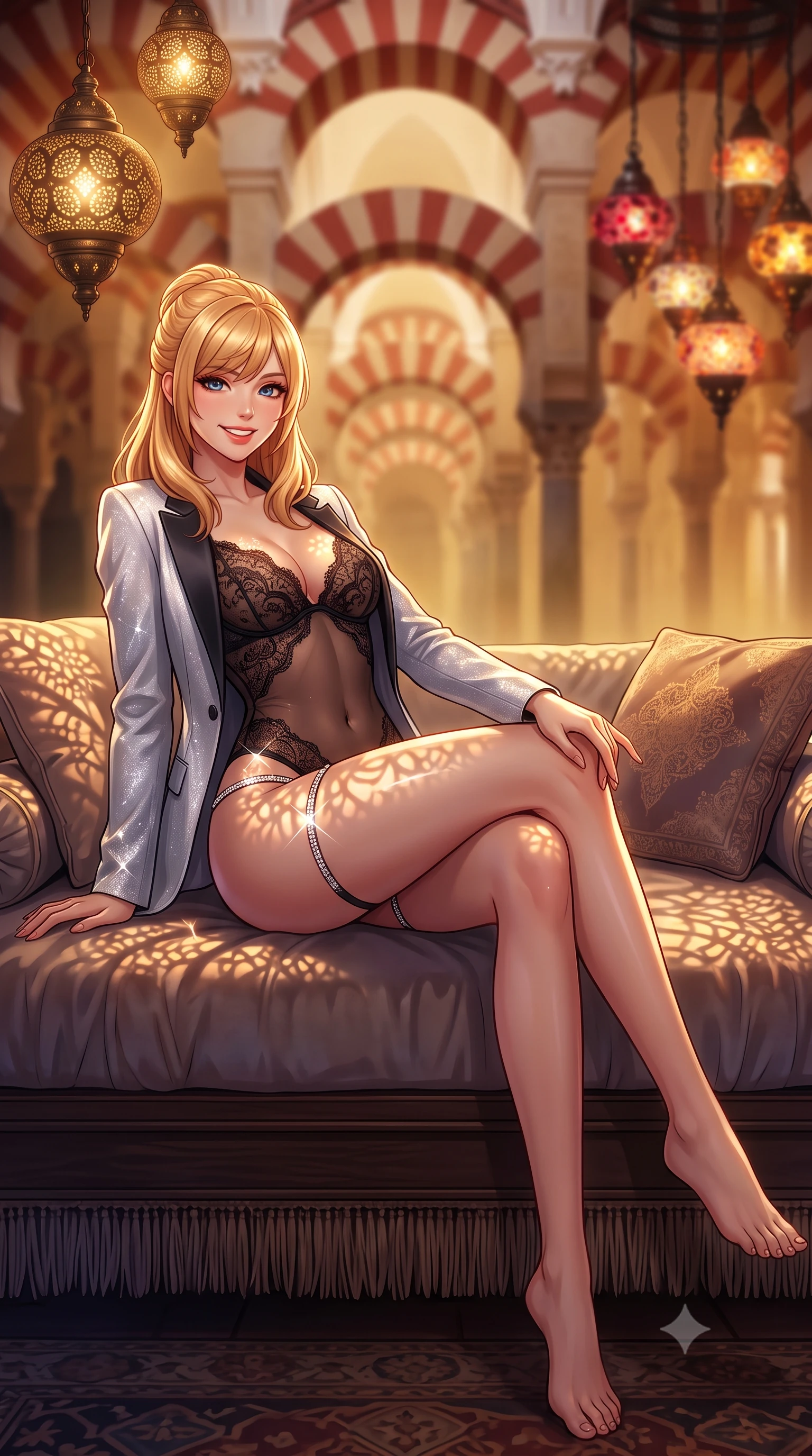 score_9, masterpiece, best quality, ultra-detailed, high-budget anime keyframe, semi-realistic 3D game render, editorial fashion photography, tasteful artistic composition, Caucasian woman. low angle full-body shot from head to toe showing her feet, filling the entire 9:16 vertical frame with her statuesque presence, stretching her vertical silhouette. lounging on the lavish daybed with legs crossed and hips angled toward the camera, displaying her toned midriff and long slender limbs with effortless siren poise while twisting her slender torso in an alluring S-curve, hanging pierced bronze oil lamps casting lace-like shadow patterns across her flat midriff and hips. The background shows a soft-focus endless repeating red-and-white striped horseshoe arches extending into golden haze, hanging pierced oil lamps blurred into ruby, topaz, and amber bokeh. She has an exceptionally tall and slender model-like 8.5-heads proportion, an ultra-slim waist, a flat toned midriff, narrow delicate ribcage, and beautifully sculpted feminine hips creating a graceful, slim hourglass silhouette without any bulky heaviness, with impossibly long slender legs. sharp v-shaped jawline, high-bridge nose, intricate jewel-like sparkling eyes with depth, thick eyelashes, glossy parted lips with a natural peach sheen, bright cheerful beaming smile with an enchanting and coquettish sensual glint, exuding both youthful cute charm and seductive allure, flawlessly proportioned anatomical accuracy, strict slender model proportions, natural body alignment, perfectly sculpted long slender limbs, ultra-slim waistline, clean dynamic posture without body distortion. wearing a delicate sheer French Chantilly lace teddy layered under an open tailored tuxedo blazer draped over bare shoulders in Vik black sand obsidian and glacier crystal silver, woven from stretch metallic lurex jersey casting radiant starlight glints across her curves, finished with delicate crystal-encrusted thigh garter straps glinting in the dim light, the glove-like clinging cut tightly following the natural contour of her hips and long slender legs with youthful 8.5-heads elegance. bathed in the warm mystical 2300K amber glow of hanging bronze lantern lamps dimmed to an evening ceremony ambiance. highly saturated vibrant anime colors, detailed shading with soft gradients, rich glossy textures, high-contrast stereoscopic depth, volumetric dynamic lighting, master piece, 9:16 ratio