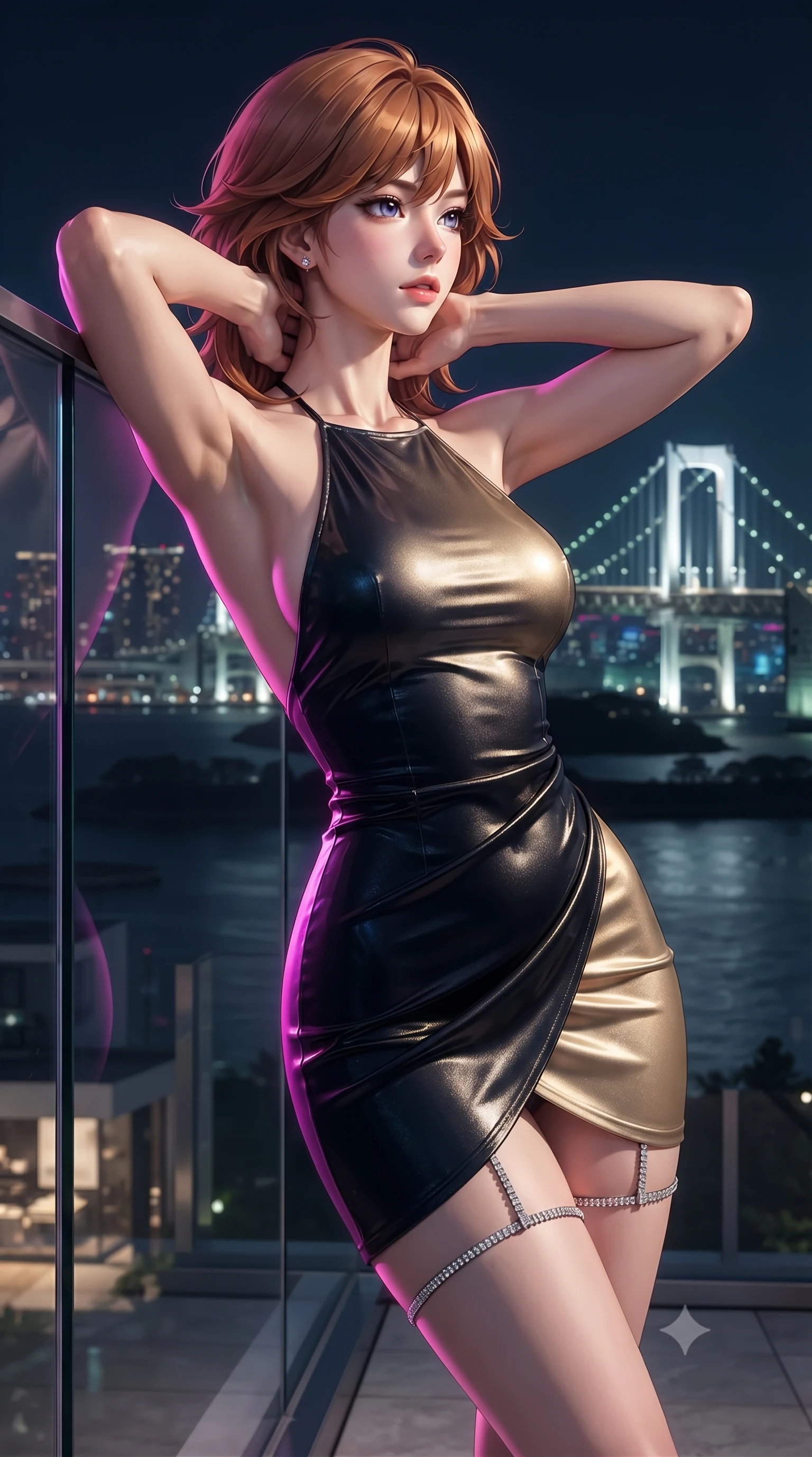score_9, masterpiece, best quality, ultra-detailed, high-budget anime keyframe, editorial fashion photography, tasteful artistic composition, Korean woman. close-up cowboy shot from the waist and thighs up, the character dominates the composition, filling the frame with her large presence. resting both hands lightly behind her neck with elbows raised, arching her spine to highlight her narrow waist, flat midriff, and breathtaking collarbones while leaning against the frameless glass edge with hips cocked back, looking out toward the illuminated Rainbow Bridge with an intoxicating bedroom-gaze. The surrounding environment is rendered in vivid detail and crisp panoramic clarity: detailed wet-look liquid vinyl bodysuit cling, diamond ear studs gleam, and waterfront penthouse engineering in high resolution. She has an exceptionally elegant, slender, and willowy female figure with an ultra-slim waist, flat toned midriff, narrow ribcage, and sculpted feminine hips creating an alluring, slim hourglass silhouette without bulk. sharp v-shaped jawline, high-bridge nose, sparkling eyes with hypnotic seductive depth, thick curled eyelashes, glossy parted lips with a natural dewy peach sheen, alluring bedroom-eyes with an enchanting coquettish smile, exuding magnetic siren charisma and sophisticated glamour, flawlessly proportioned anatomical accuracy, strict slender model proportions, natural body alignment, perfectly sculpted long slender limbs, ultra-slim waistline, clean dynamic posture without body distortion. wearing a slinky backless halterneck column mini dress in shimmering liquid vinyl clinging like a second skin in midnight obsidian black and liquid champagne gold, tailored from ultra-plush velvet with rich tactile depth and deep shadow gradients, finished with delicate crystal-encrusted thigh garter straps glinting in the dim light, the high-slit wrap tailoring accentuating her ultra-slim waistline and the enchanting curve of her feminine hips with alluring seductive charm. illuminated by bay water surface reflections and sharp magenta-cyan rim lights defining her delicate clavicles, narrow waist, and curvy hips. ultra-reflective glossy finish, specular highlights, rich textural contrasts, high-contrast stereoscopic depth, volumetric dynamic lighting, 2k, ultra detail, master piece, 9:16 ratio
