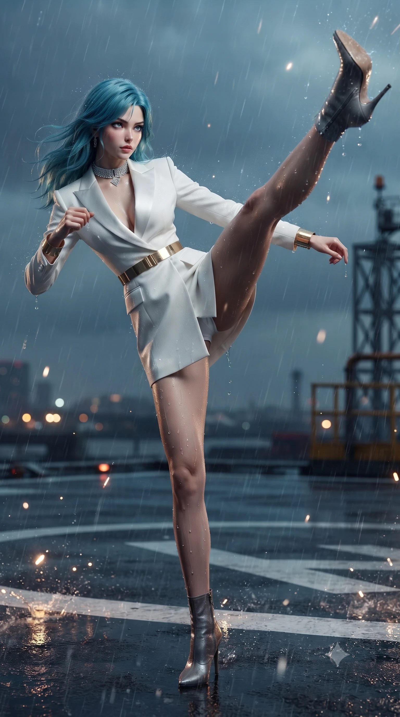 score_9, masterpiece, best quality, ultra-detailed, high-budget anime keyframe, editorial fashion photography, tasteful artistic composition, Japanese woman. low angle full-body shot from head to toe showing her feet, filling the entire 9:16 vertical frame with her statuesque presence, stretching her vertical silhouette. pivoting dynamically with supreme athletic balance and poise, her impossibly long slender legs creating a breathtaking line while pivoting dynamically as gale-force storm winds whip rain across the helipad markings, parrying an alarm sensor with poise. The composition keeps background elements in soft focus with creamy bokeh. splattering raindrops and muzzle-flash reflections scattering luminous wet light motes across the deck. She has an absolutely perfect, statuesque 8.5-heads proportion, an exceptionally tall and slender model-like female figure with impossibly long slender legs, a toned flat midriff, and an ultra-slim waist. sharp v-shaped jawline, high-bridge nose, intricate jewel-like eyes with depth, thick eyelashes, glossy lips with a natural sheen, captivating and magnetic expression, flawlessly proportioned anatomical accuracy, strict slender model proportions, natural body alignment, perfectly sculpted long slender limbs, ultra-slim waistline, clean dynamic posture without body distortion. wearing a chic tailored white tuxedo jacket dress with satin lapels and an ultra-slim waist-cinching gold belt in pristine royal white and brushed gold, made of structured fine wool crepe and liquid silk satin, accessorized with a bold diamond choker and minimalist gold cuffs, the breezy yet form-flattering drape swaying gracefully with her steps, accentuating her long willowy limbs and slim waistline. illuminated by wet specular highlights tracing her sculpted flat midriff, waistline, and long legs. ultra-reflective glossy finish, specular highlights, rich textural contrasts, high-contrast stereoscopic depth, volumetric dynamic lighting, 2k, ultra detail, master piece, 9:16 ratio