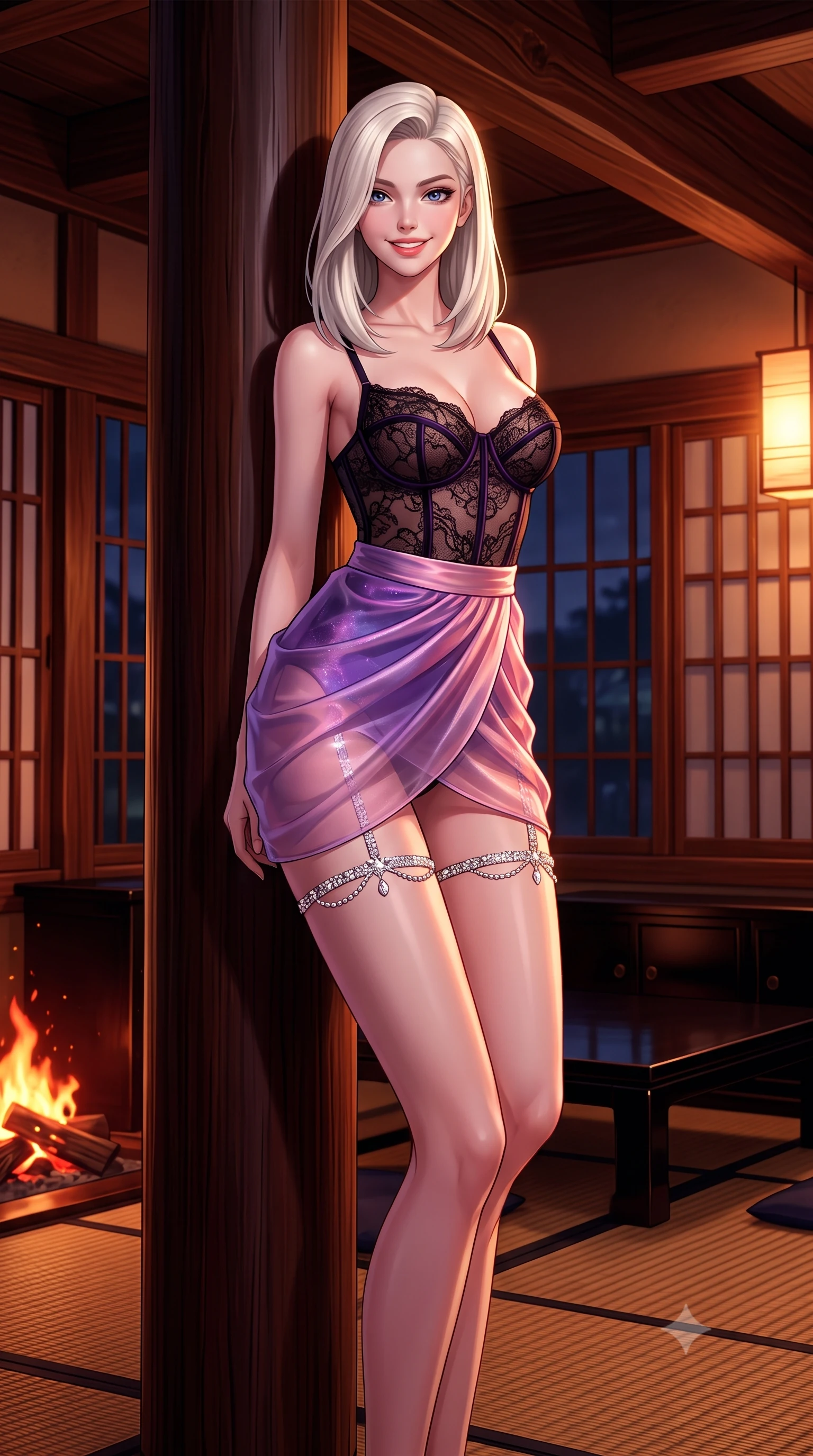 score_9, masterpiece, best quality, ultra-detailed, high-budget anime keyframe, semi-realistic 3D game render, editorial fashion photography, tasteful artistic composition, Caucasian woman. close-up cowboy shot from the waist and thighs up, the character dominates the composition, filling the frame with her large presence. leaning forward while arching her lower back to accentuate her curvy hips, looking into the camera with an intoxicating smoldering gaze and bedroom-eyes while leaning against the dark polished cedar pillar with hips cocked back, looking through wooden lattice windows with smoldering bedroom-eyes. The surrounding environment is rendered in vivid detail and crisp panoramic clarity: sharp glossy black urushi lacquer reflections, hand-hewn chestnut beam grain, and woven rush matting in deep focus. She has an exceptionally elegant, slender, and willowy female figure with an ultra-slim waist, flat toned midriff, narrow ribcage, and sculpted feminine hips creating an alluring, slim hourglass silhouette without bulk. sharp v-shaped jawline, high-bridge nose, intricate jewel-like sparkling eyes with depth, thick eyelashes, glossy parted lips with a natural peach sheen, bright cheerful beaming smile with an enchanting and coquettish sensual glint, exuding both youthful cute charm and seductive allure, flawlessly proportioned anatomical accuracy, strict slender model proportions, natural body alignment, perfectly sculpted long slender limbs, ultra-slim waistline, clean dynamic posture without body distortion. wearing a sculpted underwire bustier in sheer noir lace with velvet piping paired with an ultra-short draped tulip skirt in orbital nebula violet and luminescent rose gold, crafted from translucent silk organza with an ethereal crystalline sheen, finished with delicate crystal-encrusted thigh garter straps glinting in the dim light, the glove-like clinging cut tightly following the natural contour of her hips and long slender legs with youthful 8.5-heads elegance. bathed in the rich chiaroscuro 2000K ruby-amber glow of natural burning hardwood charcoal mixed with soft paper sconces. highly saturated vibrant anime colors, detailed shading with soft gradients, rich glossy textures, high-contrast stereoscopic depth, volumetric dynamic lighting, master piece, 9:16 ratio