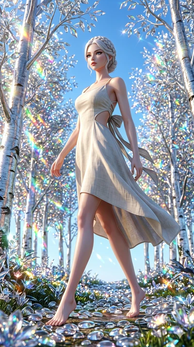score_9, masterpiece, best quality, ultra-detailed, Set A: Photorealistic 8k CG, Japanese woman. Low angle cowboy shot filling the entire 9:16 frame with her statuesque presence. Walking through a forest of trees with silver bark and crystal leaves t