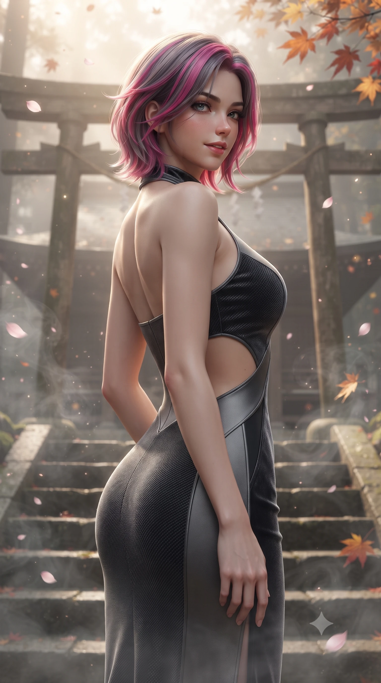 score_9, masterpiece, best quality, ultra-detailed, high-budget anime keyframe, editorial fashion photography, tasteful artistic composition, Caucasian woman. close-up cowboy shot from the waist and thighs up, the character dominates the composition, filling the frame with her large presence, background elements kept in soft focus. Glancing sidelong over her shoulder with a smoldering half-smile and heavy lashes poised on the steps of a traditional wooden shrine surrounded by floating sakura, floating autumn leaves and glowing mist motes adding serene magic. She has an exceptionally elegant, slender, and willowy female figure with an ultra-slim waist, a gracefully sculpted slender torso, and a refined silhouette. sharp v-shaped jawline, high-bridge nose, intricate jewel-like eyes with depth, thick eyelashes, glossy lips with a natural sheen. wearing a velvet halter-neck midi dress following her form like a glove in charcoal grey and platinum, made of fine carbon-fiber weave and soft matte leather, featuring clean architectural cutouts along her slender torso, the glove-like fit emphasizing her statuesque silhouette. bathed in mystical golden morning light filtered through dense forest fog. ultra-reflective glossy finish, specular highlights, metallic sheen, high-contrast stereoscopic depth, volumetric dynamic lighting, 2k, ultra detail, master piece, 9:16 ratio