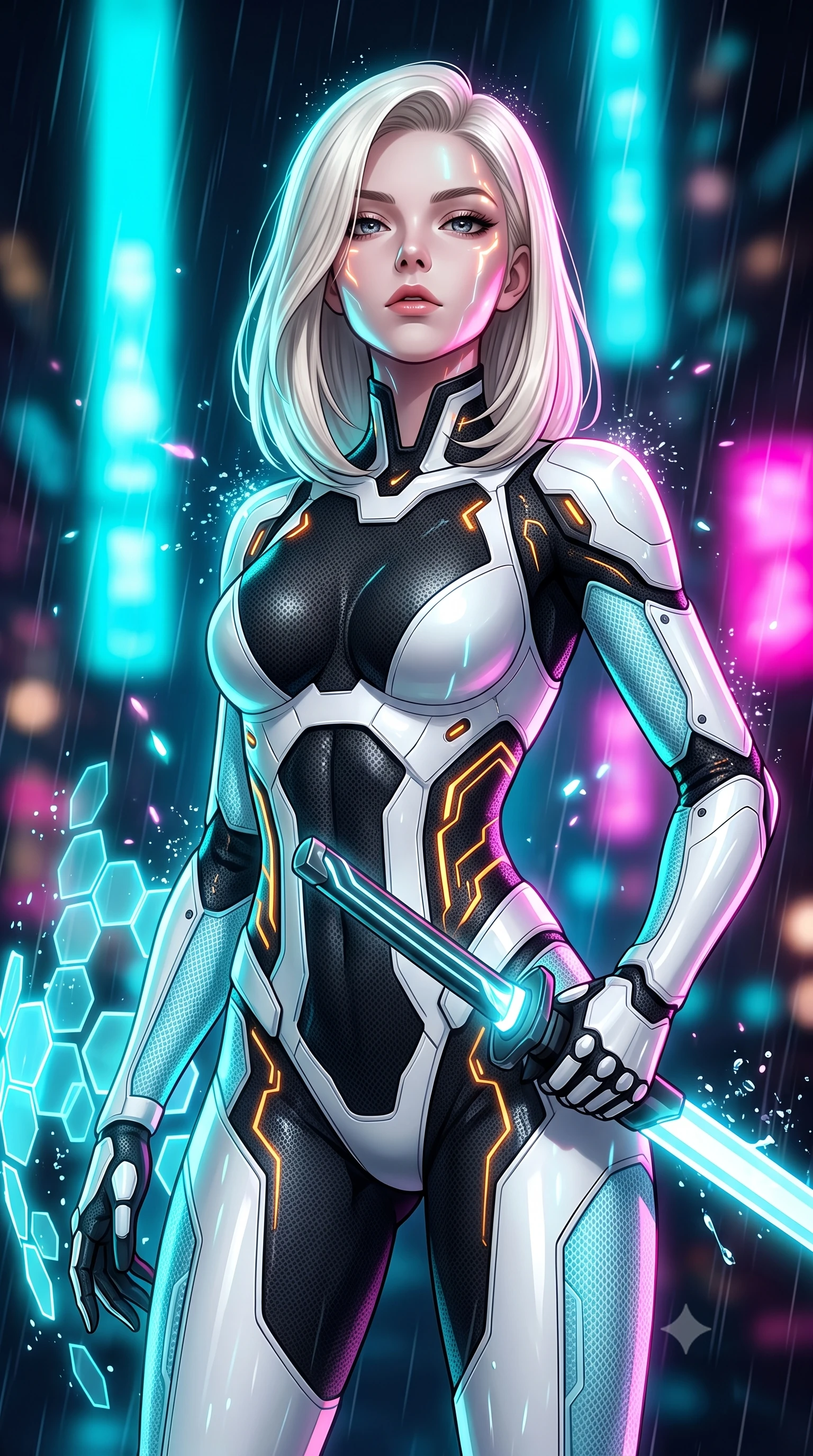 score_9, masterpiece, best quality, ultra-detailed, high-budget anime keyframe, semi-realistic 3D game render, editorial fashion photography, tasteful artistic composition, Caucasian woman. close-up cowboy shot from the waist and thighs up, the character dominates the composition, filling the frame with her large presence. tilting her head back with serene regal elegance, her sharp jawline and sculpted collarbones highlighted by glowing weapon energy reflections while sheathing her sleek plasma katana with effortless supermodel poise while casting a sovereign, captivating direct gaze into the lens. The composition keeps background elements in soft focus with creamy bokeh. sparkling plasma energy motes and splashing rain droplets scattering radiant light across a dark backdrop. She has an exceptionally elegant, slender, and willowy female figure with an ultra-slim waist, a gracefully sculpted slender torso, toned flat midriff, and a refined slim silhouette. sharp v-shaped jawline, high-bridge nose, intricate jewel-like eyes with depth, thick eyelashes, glossy lips with a natural sheen, flawlessly proportioned anatomical accuracy, strict slender model proportions, natural body alignment, perfectly sculpted long slender limbs, ultra-slim waistline, clean dynamic posture without body distortion. wearing a high-contrast monochrome white-and-black carbon-composite exoskeleton suit with glowing amber circuitry, deploying floating hexagonal holographic energy shields with sovereign grace in glacial ice-cyan carbon mesh with pure white armor plates, tailored from flexible second-skin carbon-mesh that clings flawlessly to her athletic curves, detailed with magnetic weapon holsters and polished chrome connection clasps, the liquid-tight tailored fabric emphasizing every curve of her tall, slender model proportions and sculptured silhouette during dynamic movement. bathed in vivid high-contrast neon cyan and magenta city backlighting with electric blade glow. rich saturated anime colors with glowing neon highlights, detailed shading with soft gradients, rich glossy textures, high-contrast stereoscopic depth, volumetric dynamic lighting, master piece, 9:16 ratio