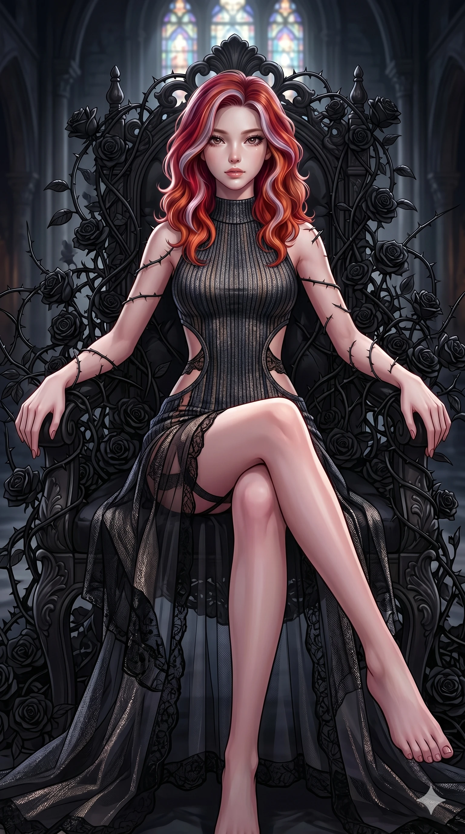 score_9, masterpiece, best quality, ultra-detailed, High-budget Anime Keyframe, East Asian woman. Dynamic full-body shot stretching the vertical silhouette to the limit. Scenario 250: Resting on a throne of black roses, thorns grazing her skin. Her presence is magnetic and overpowering in this high-budget anime scene. Outfit 250: A ribbed bodycon knit garter with a strategic side cut-outs and translucent layers. The clothing is designed to emphasize her exceptionally tall and slender 8-heads proportion. 8-heads proportion, towering silhouette, ultra-slim waist. sharp v-shaped jawline, intricate jewel-like eyes with depth, thick eyelashes, glossy lips. 2k, ultra detail, master piece, 9:16 ratio