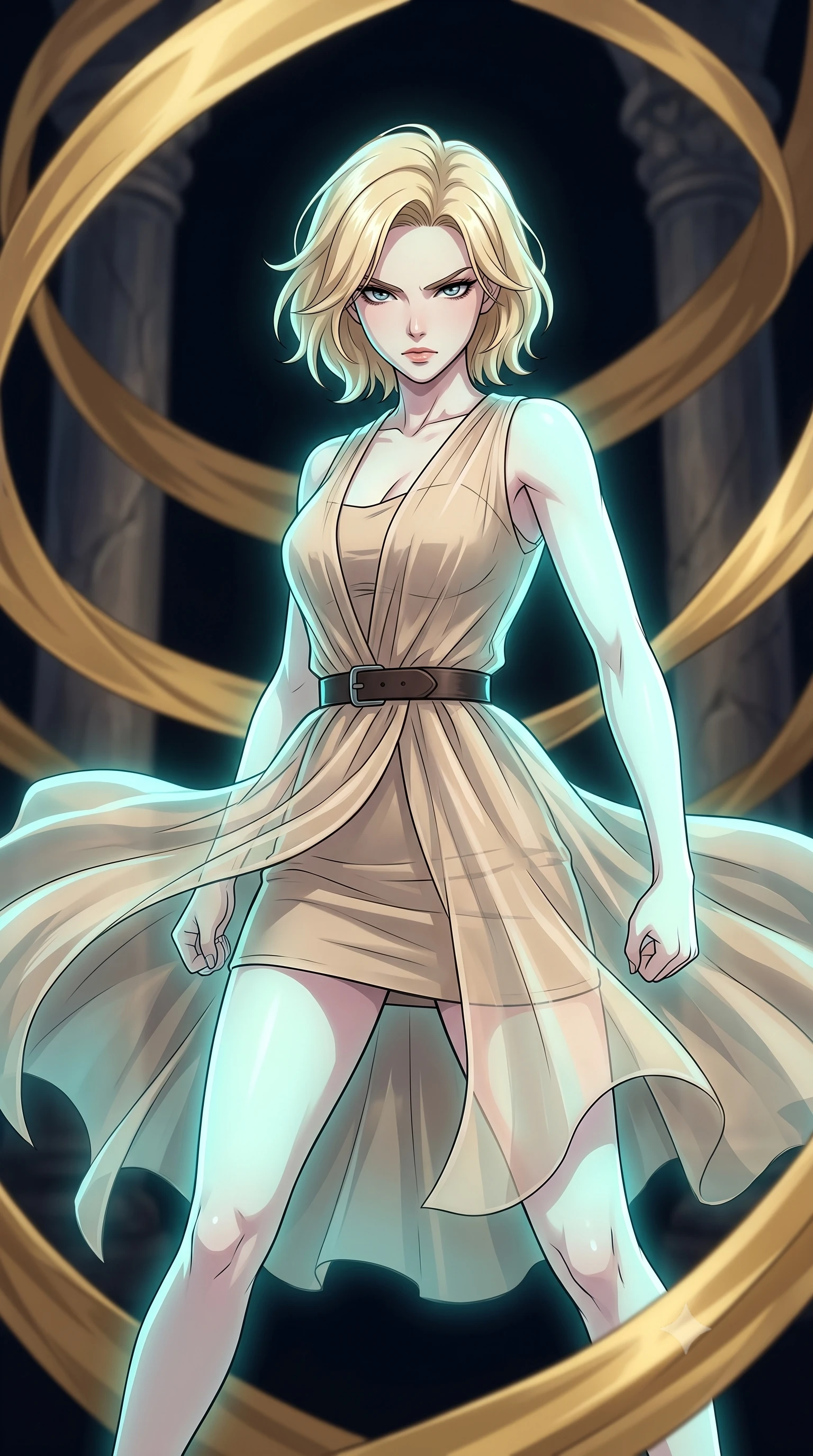 score_9, masterpiece, best quality, ultra-detailed, high-budget anime keyframe, clean line-art, cel-shading, Caucasian woman, strictly human ears. close-up cowboy shot from the waist and thighs up, the character dominates the composition, filling the frame with her large presence, background elements kept in soft focus. Standing in a low, ready combat stance, eyes narrowed in sharp concentration. set against a soft-focus background of a dark space where wide golden silk ribbons are swirling in a giant vortex, wrapping around stone pillars. She has an exceptionally elegant and slender, willowy female figure with an ultra-slim waist, a gracefully sculpted slender torso, and a refined slim physique. sharp v-shaped jawline, high-bridge nose, intricate jewel-like eyes with depth, thick eyelashes, glossy lips with a natural sheen. wearing the lightweight fabric rippling and billowing dramatically with her movement, a tailored transparent overlay skirt in beige tulle over a fitted matching mini dress, styled with a leather belt. soft aqua bioluminescent light making her skin luminously glow against darkness. highly saturated vibrant anime colors, intense vivid color palette, volumetric dynamic lighting, 2k, ultra detail, master piece, 9:16 ratio