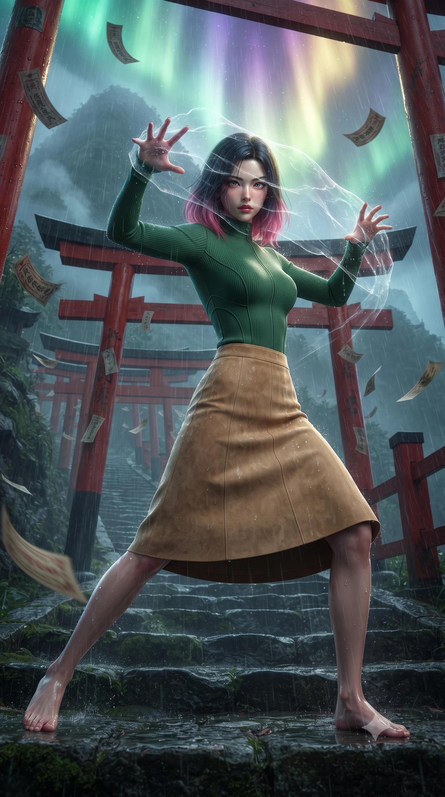 score_9, masterpiece, best quality, ultra-detailed, high-budget anime keyframe, editorial fashion photography, tasteful artistic composition, realistic cosplay photography, Korean woman. low angle full-body shot from head to toe showing her feet, filling the entire 9:16 vertical frame with her statuesque presence, stretching her vertical silhouette. dodging backward with feline agility while casting an energy barrier through a path of red Japanese torii gates leading up a mountain during a storm, paper talismans peeling and flying in the wind. She has a statuesque 8.5-heads proportion, an exceptionally tall, slender and willowy model-like build with impossibly long legs and a highly sculpted ultra-slim waist. sharp v-shaped jawline, high-bridge nose, intricate jewel-like eyes with depth, thick eyelashes, glossy lips with a natural sheen. wearing tailored for maximum mobility, sleek form-contouring panels that allow fluid movement, a body-hugging high-neck forest green ribbed long-sleeve top paired with a tan suede A-line midi skirt. illuminated by a shifting aurora palette of green violet and gold from above. ultra-reflective glossy finish, specular highlights, metallic sheen, high-contrast stereoscopic depth, volumetric dynamic lighting, 2k, ultra detail, master piece, 9:16 ratio